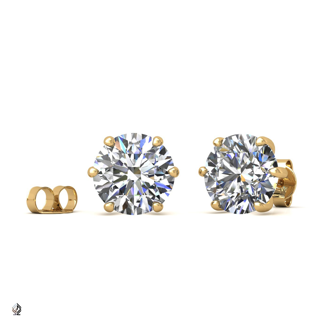 18k yellow gold 2.0 ct each (4,0 tcw) 6 prongs round shape diamond earrings