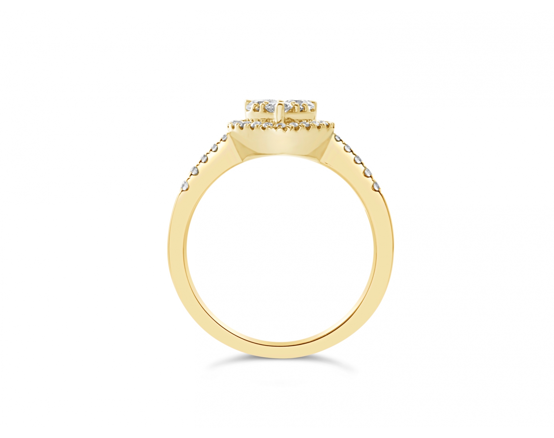 18k yellow gold heart shaped halo illusion set engagement ring with round pave set diamonds