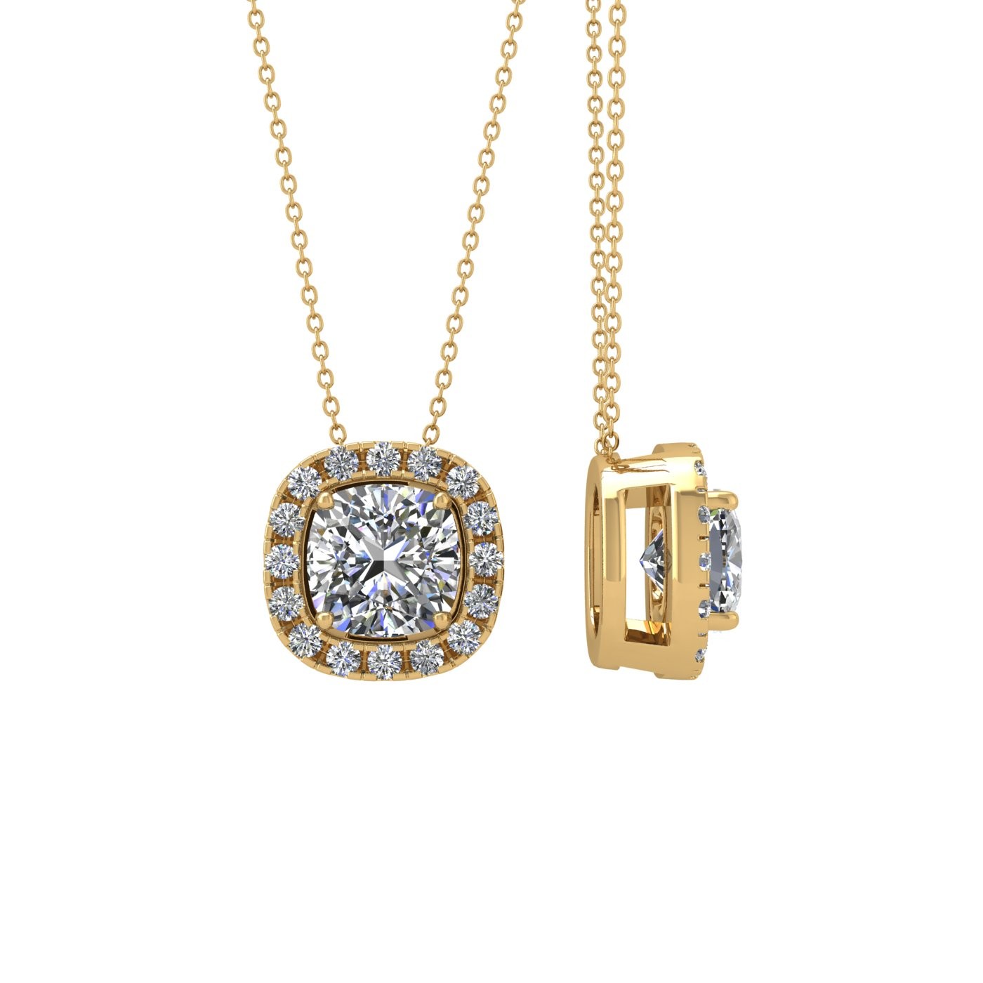 18k yellow gold 0,5 ct 4 prongs cushion shape diamond pendant with diamond pavÉ set halo
