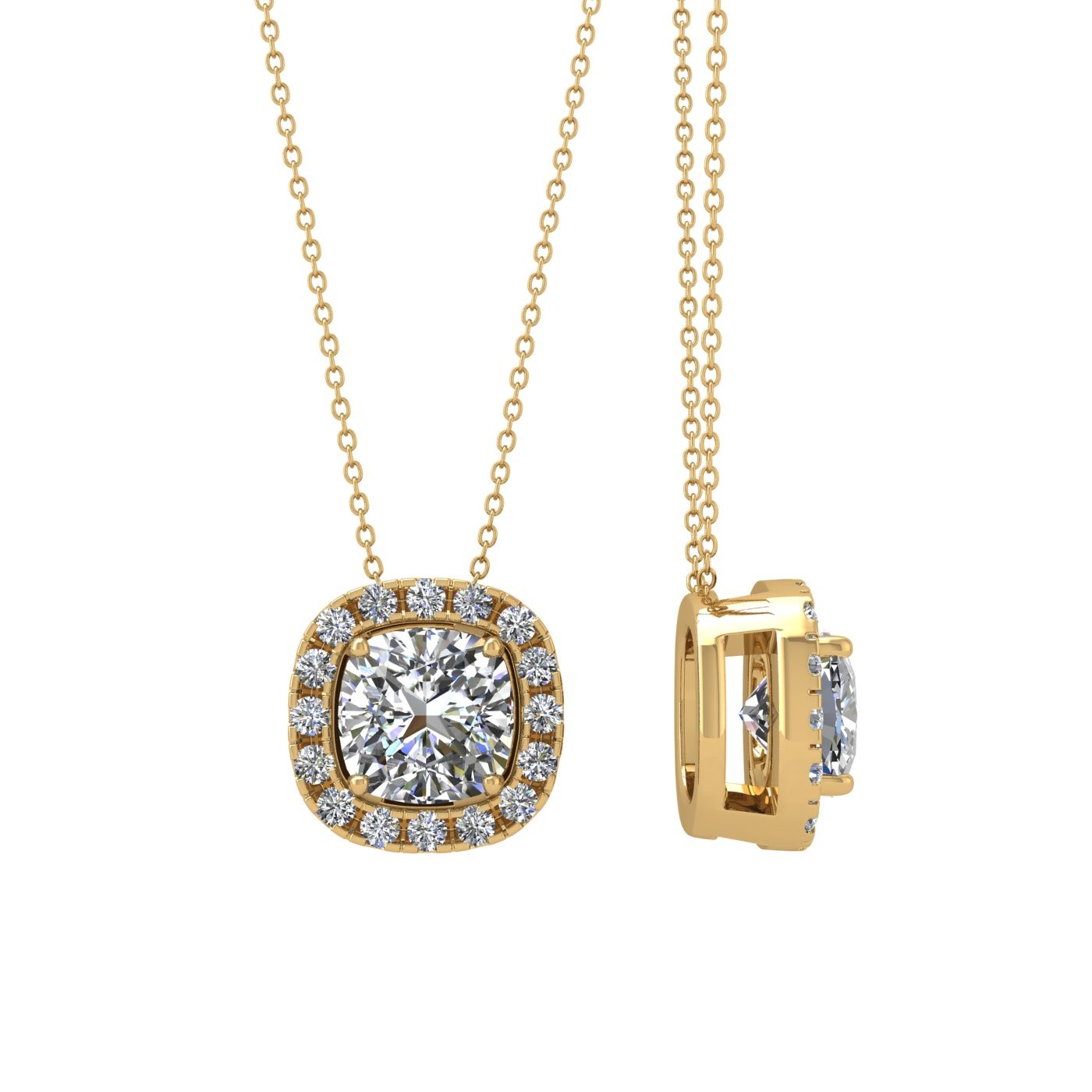 18k yellow gold  0,7 ct 4 prongs cushion shape diamond pendant with diamond pavÉ set halo