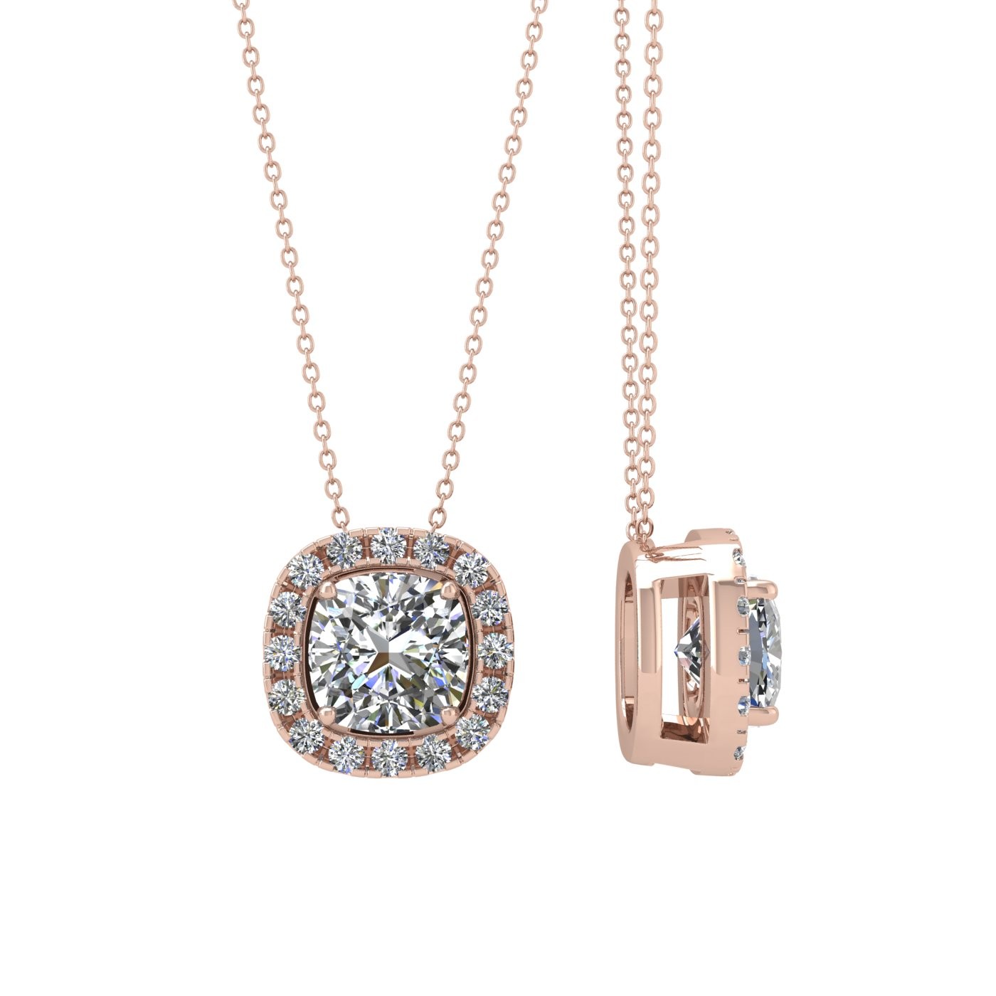 18k rose gold  0,5 ct 4 prongs cushion shape diamond pendant with diamond pavÉ set halo Photos & images