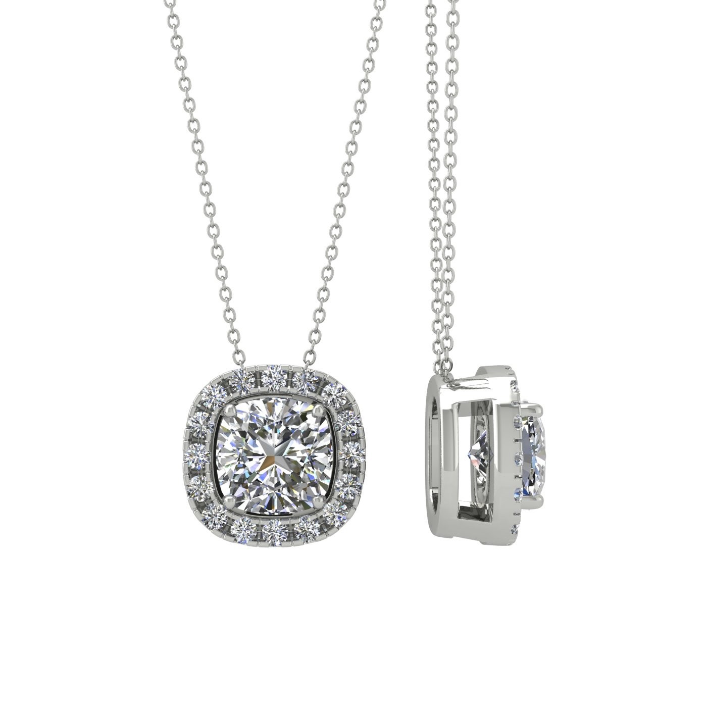 18k white gold 1 ct 4 prongs cushion shape diamond pendant with diamond pavÉ set halo