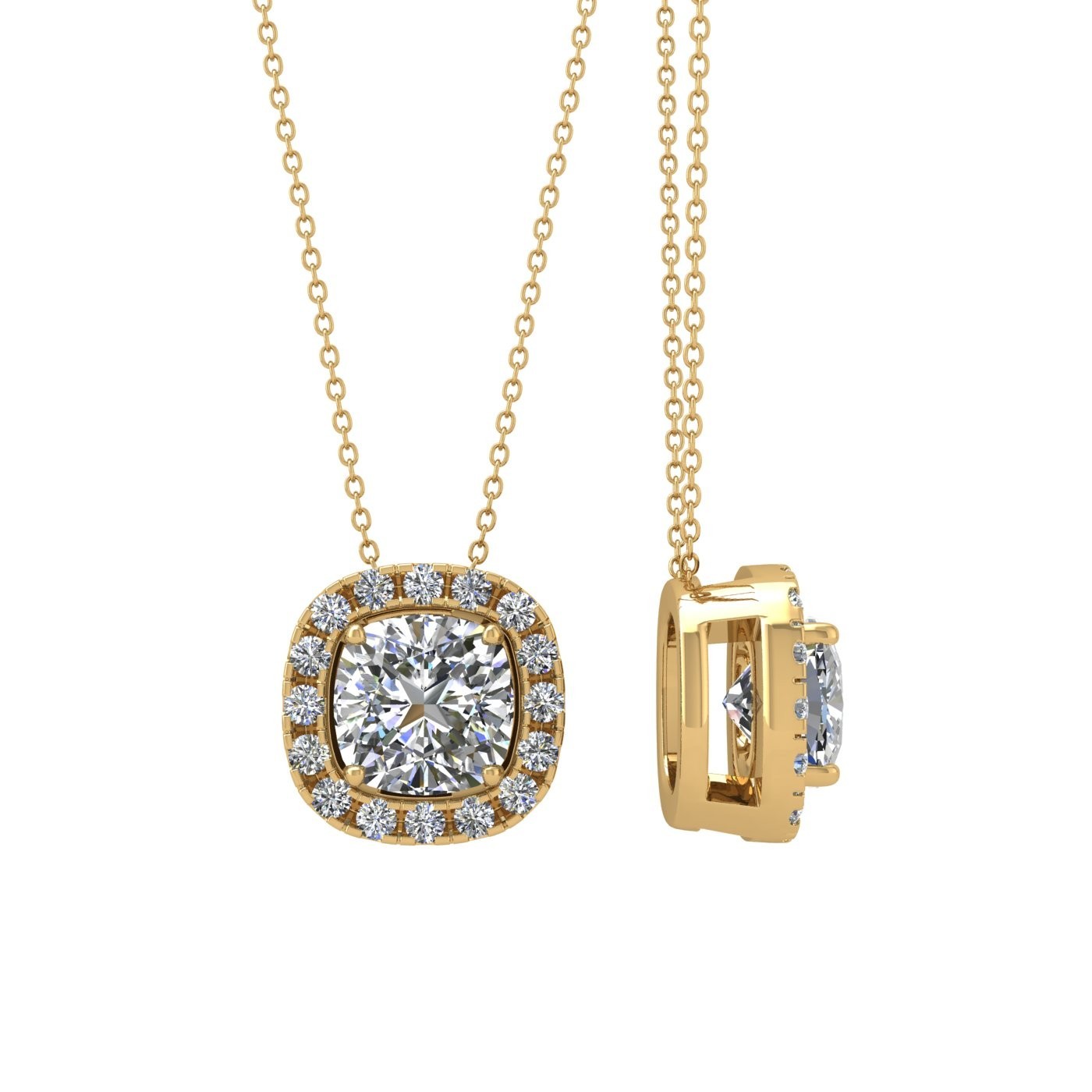 18k yellow gold 1 ct 4 prongs cushion shape diamond pendant with diamond pavÉ set halo