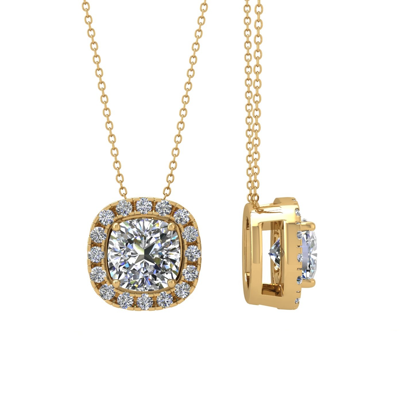 18k yellow gold  1,2 ct 4 prongs cushion shape diamond pendant with diamond pavÉ set halo