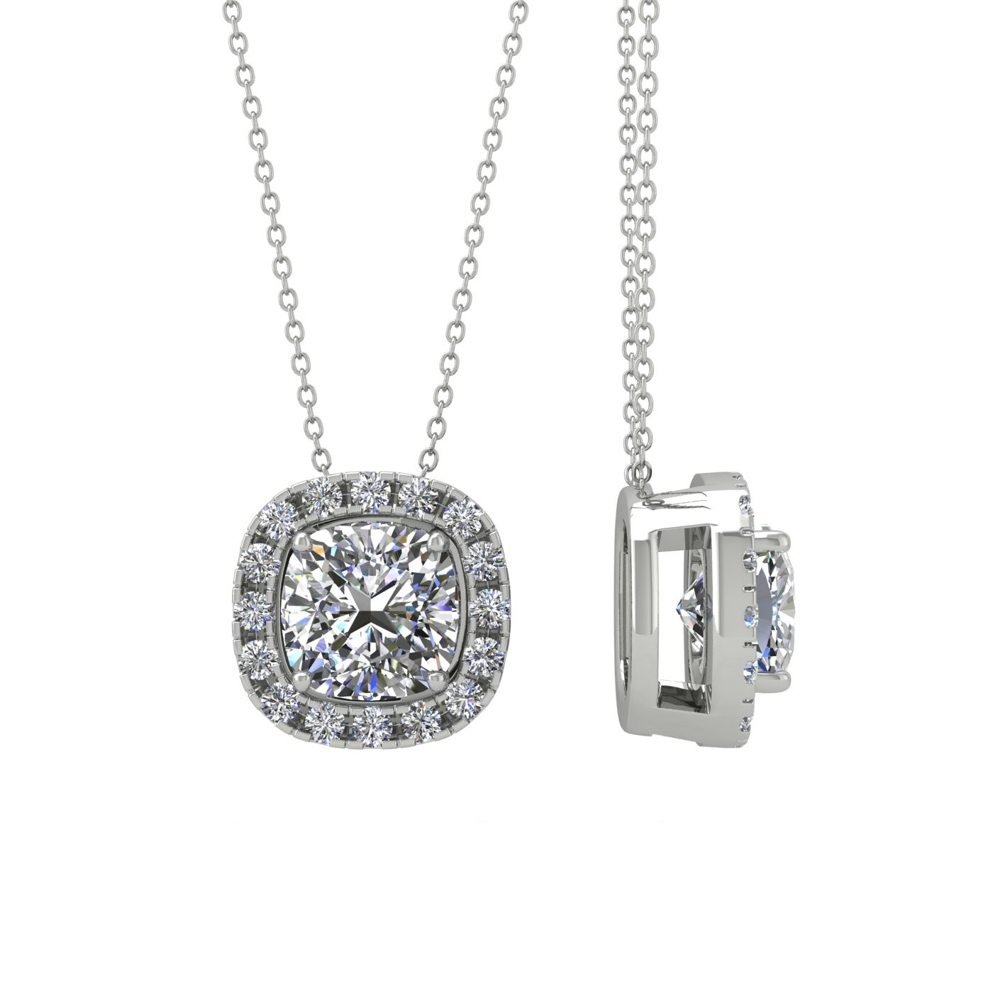 18k white gold 0,3 ct 4 prongs cushion shape diamond pendant with diamond pavÉ set halo Photos & images