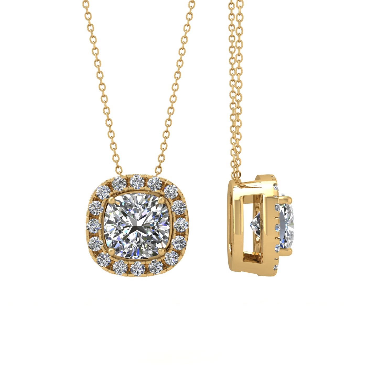 18k yellow gold  1,5 ct 4 prongs cushion shape diamond pendant with diamond pavÉ set halo