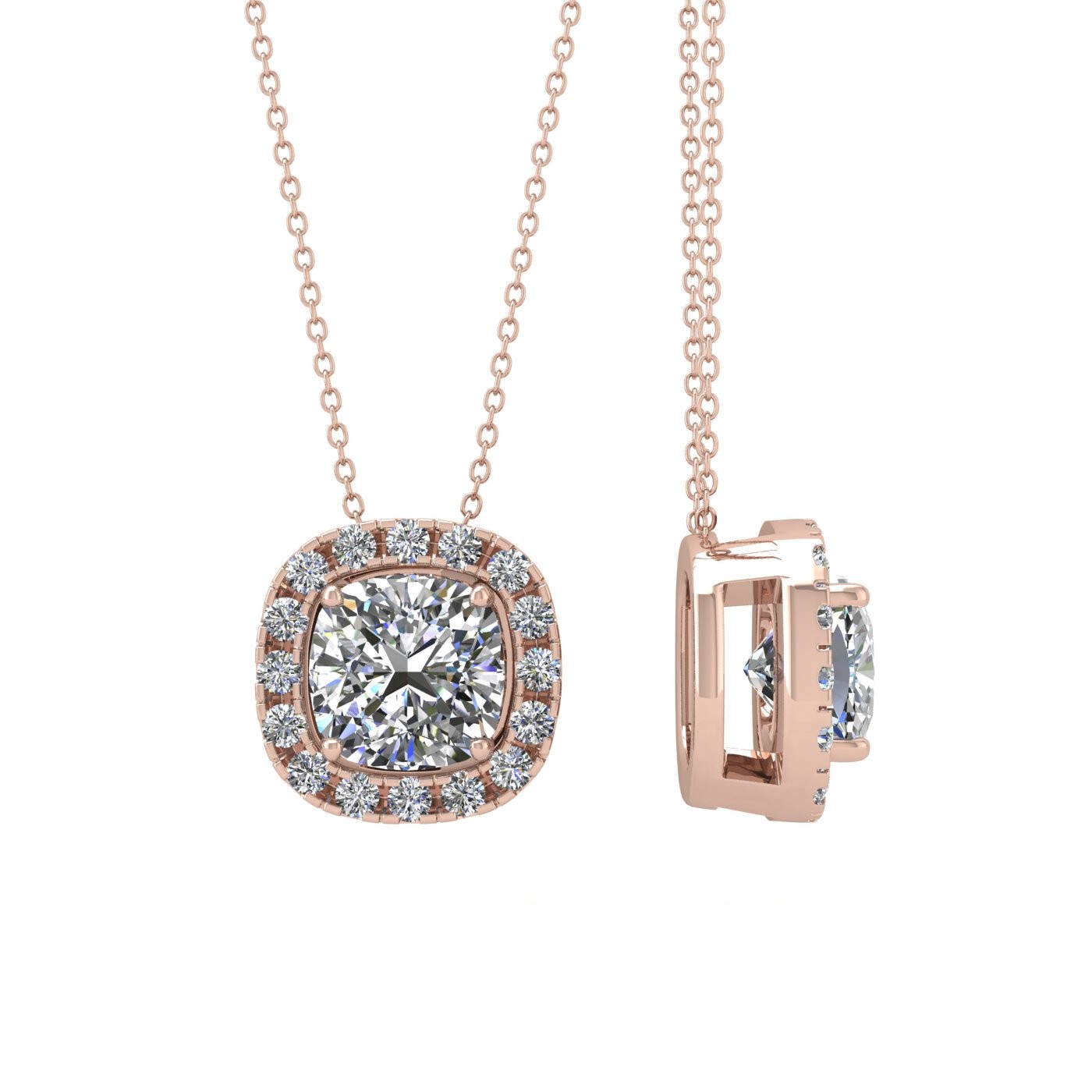 18k rose gold  1,5 ct 4 prongs cushion shape diamond pendant with diamond pavÉ set halo
