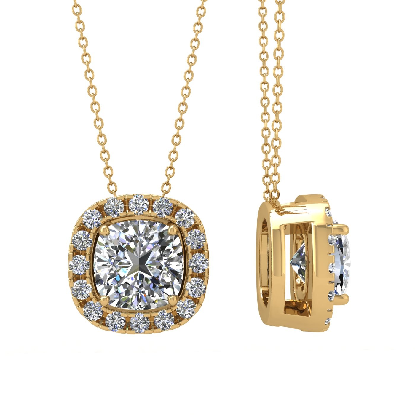 18k yellow gold 2 ct 4 prongs cushion shape diamond pendant with diamond pavÉ set halo