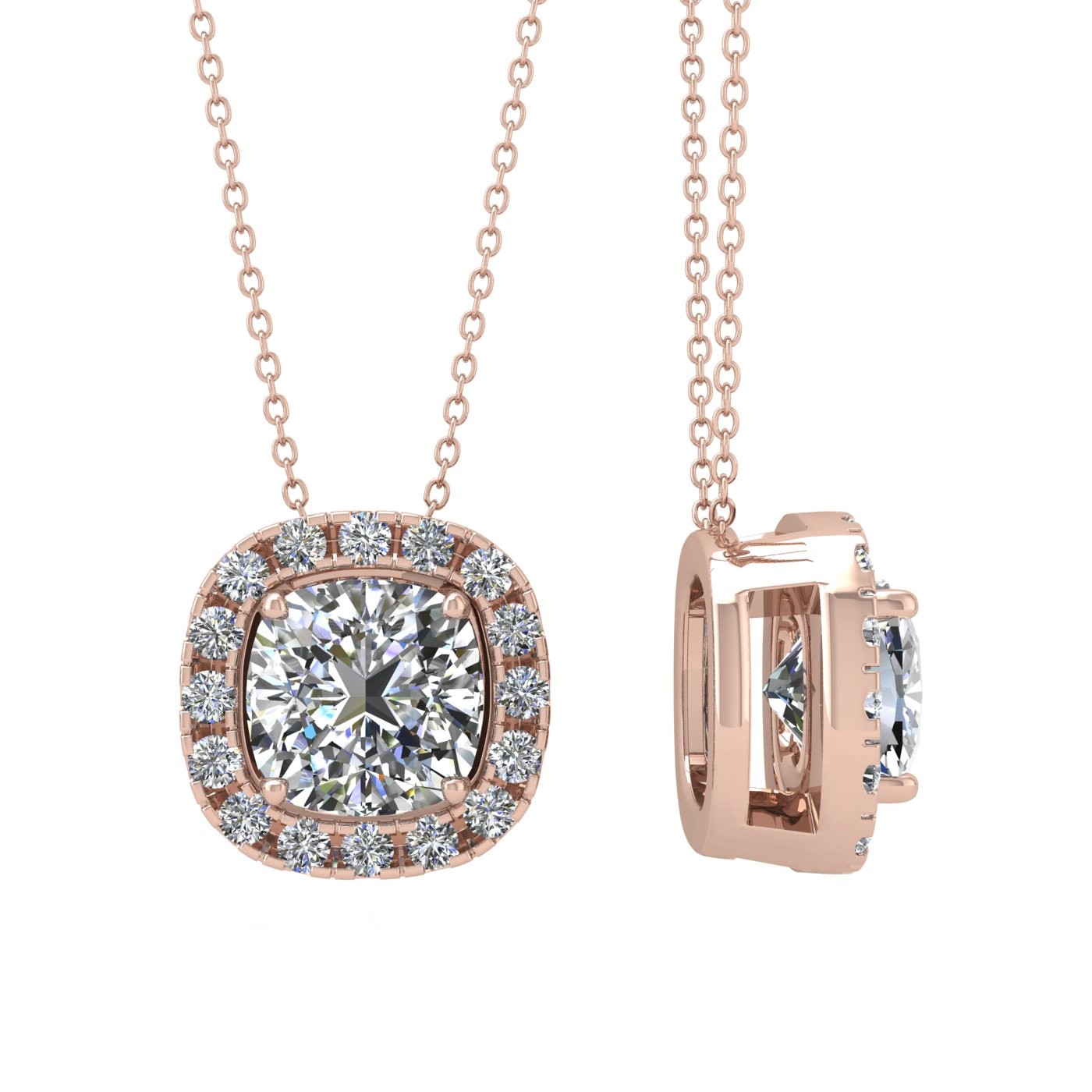 18k rose gold  1,5 ct 4 prongs cushion shape diamond pendant with diamond pavÉ set halo Photos & images
