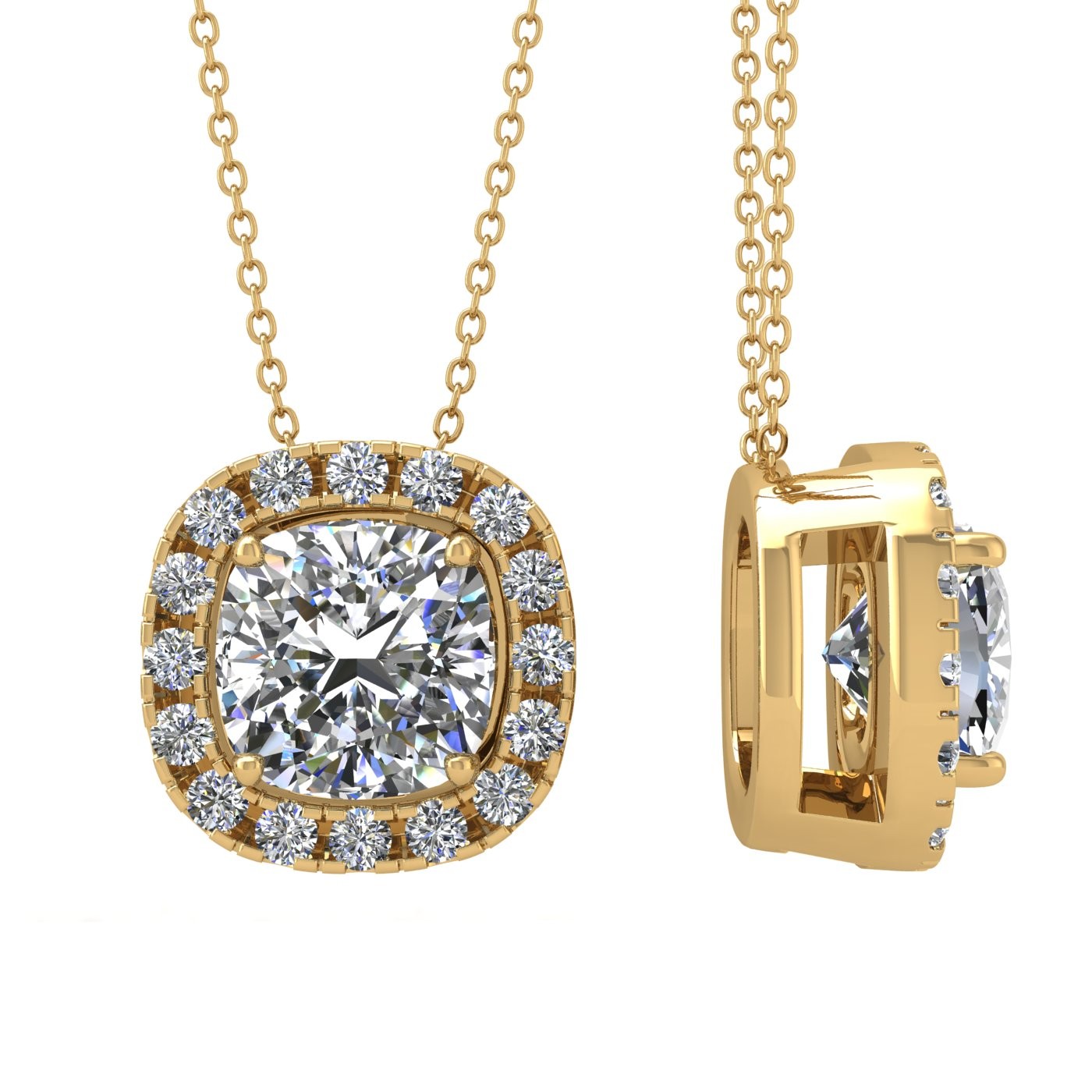 18k white gold 2,5 ct 4 prongs cushion shape diamond pendant with diamond pavÉ set halo Photos & images
