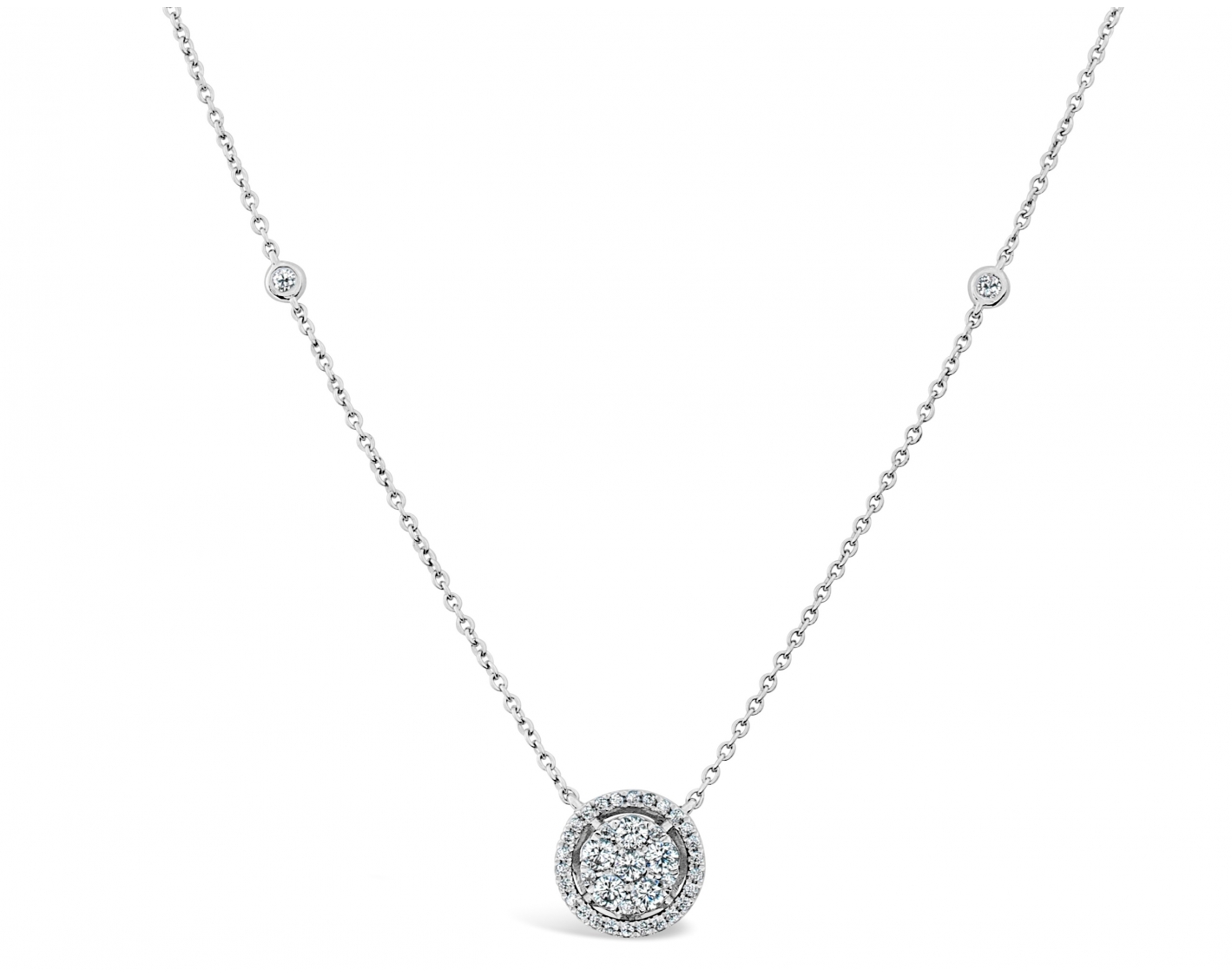 18K WHITE GOLD HALO ILLUSION SET ROUND BRILLIANT DIAMOND NECKLACE