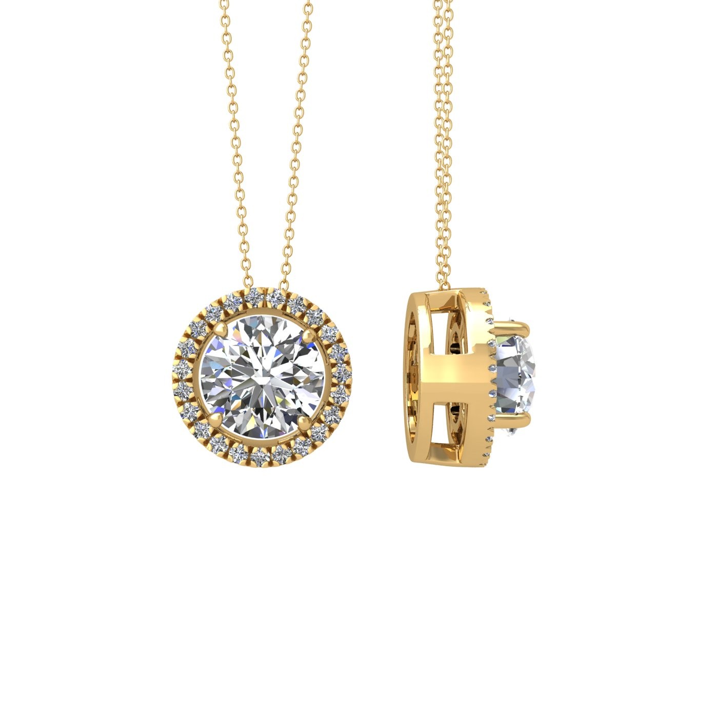 18k yellow gold 0,5 ct 4 prong round shape diamond pendant with diamond pavÉ set halo including chain seperate from the pendant