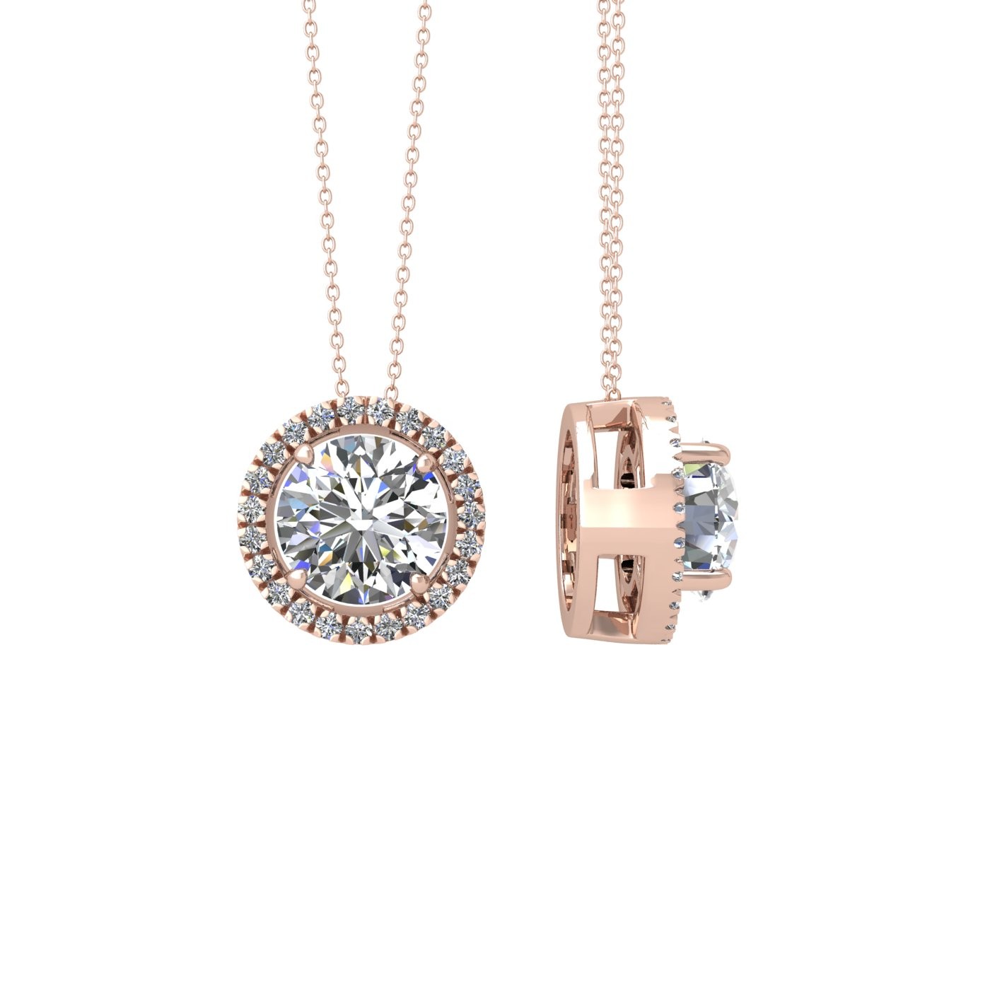18k rose gold  2.5 ct 4 prong round shape diamond pendant with diamond pavÉ set halo including chain seperate from the pendant Photos & images