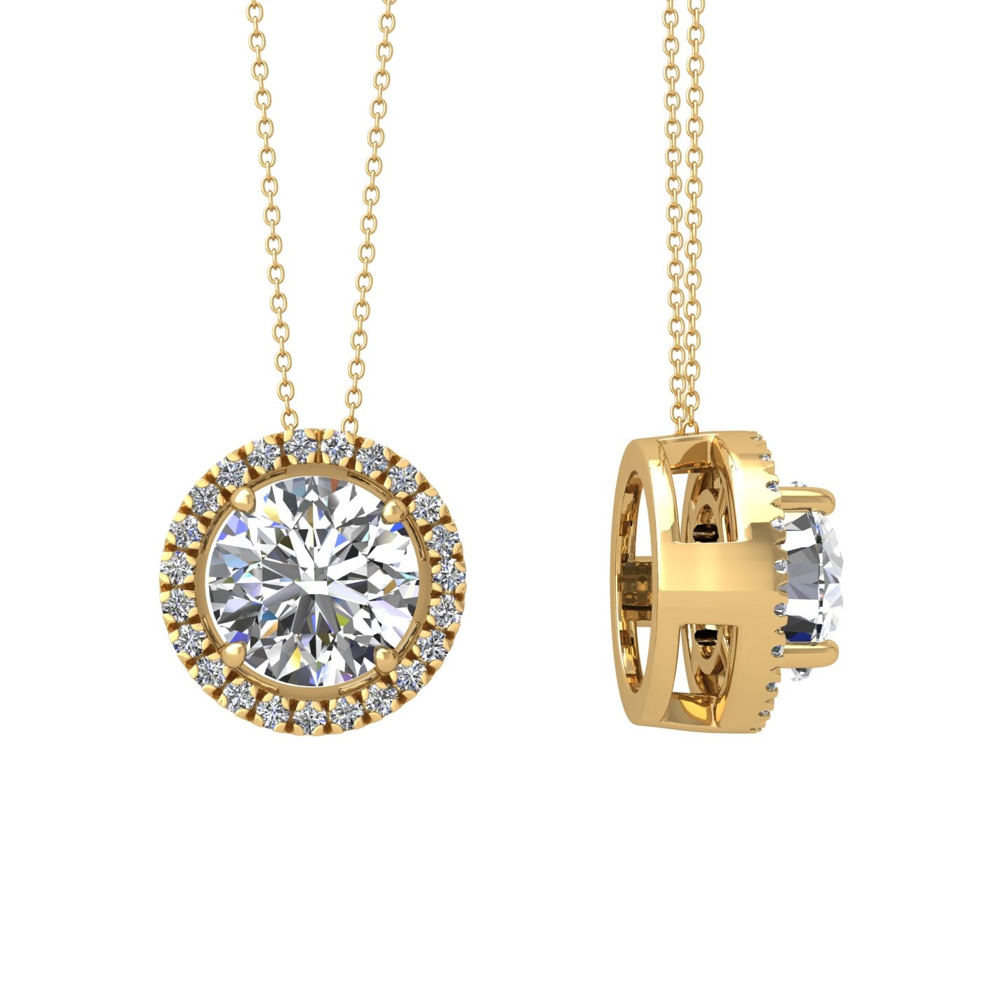 18k yellow gold  1,5 ct 4 prong round shape diamond pendant with diamond pavÉ set halo including chain seperate from the pendant Photos & images