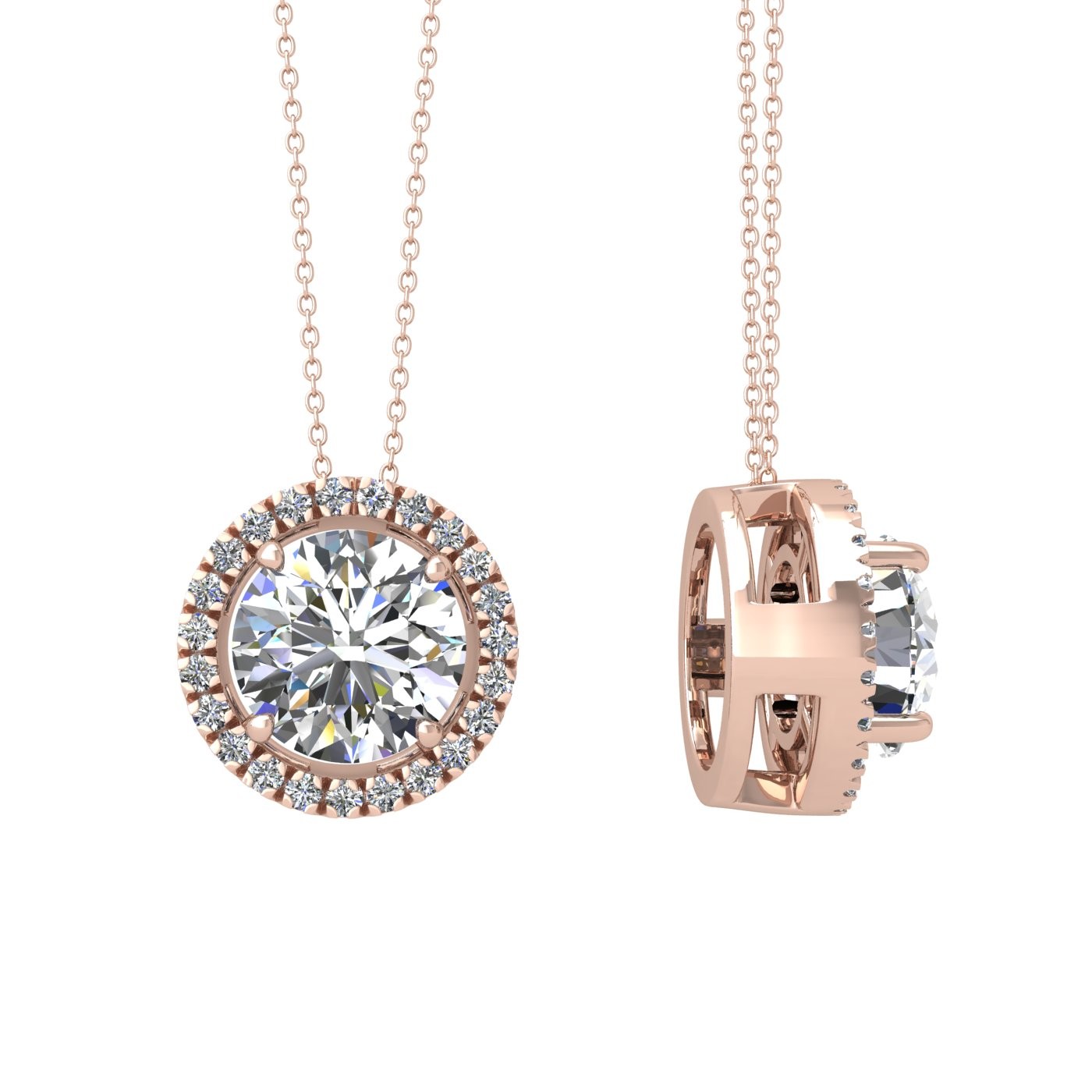 18k rose gold  1,2 ct 4 prong round shape diamond pendant with diamond pavÉ set halo including chain seperate from the pendant Photos & images