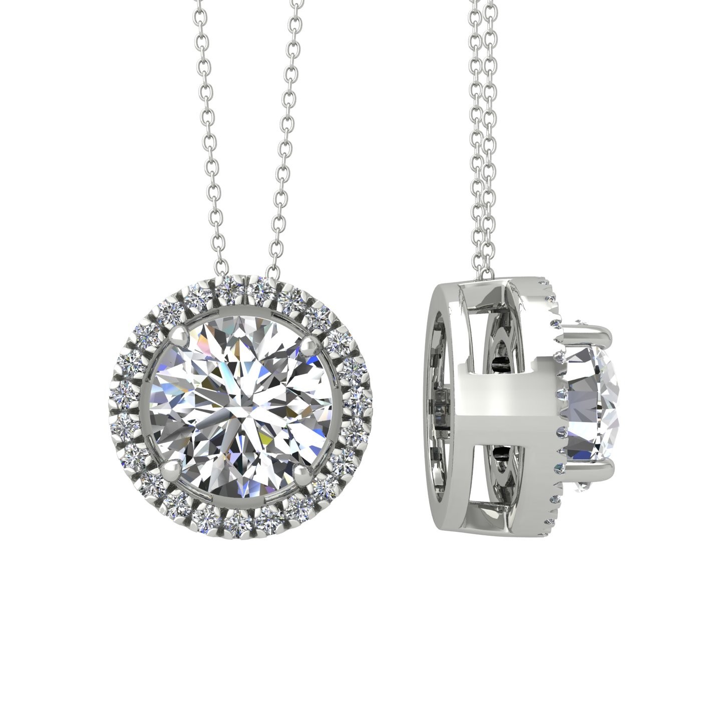 18k white gold 1 ct 4 prong round shape diamond pendant with diamond pavÉ set halo including chain seperate from the pendant