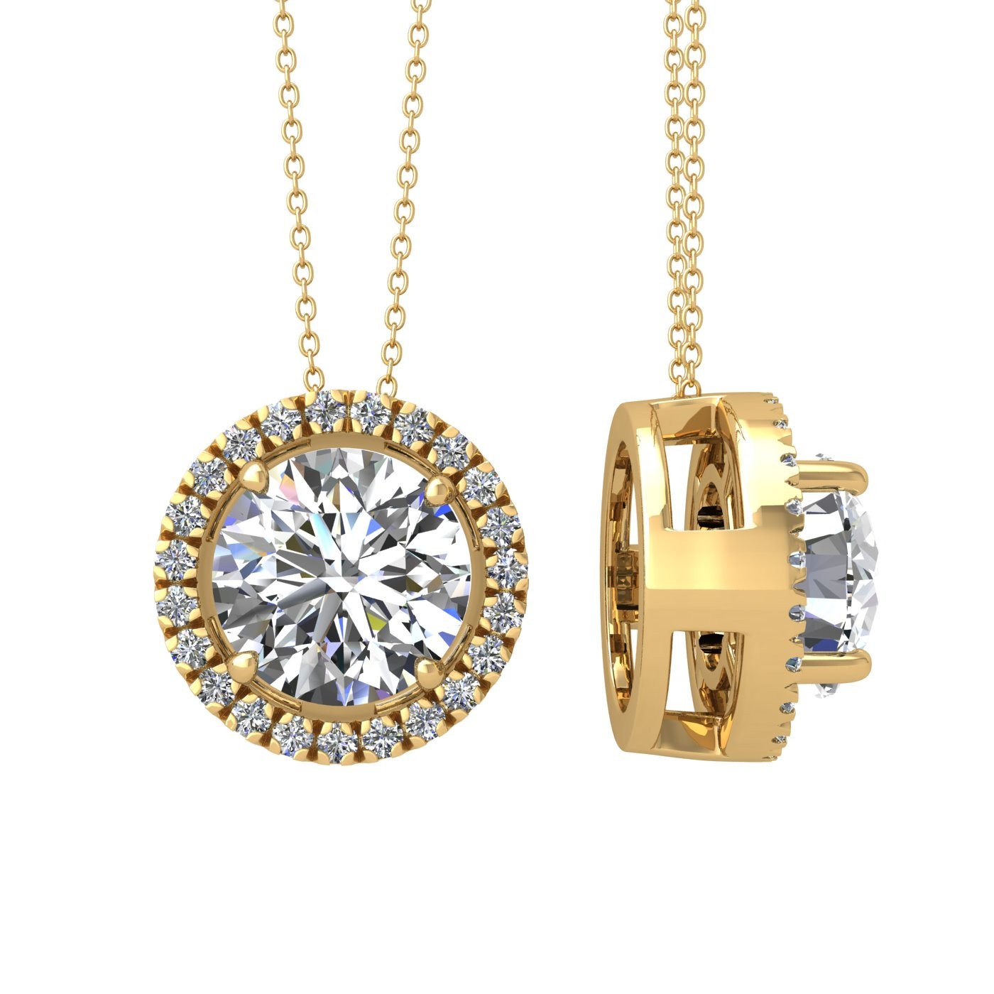 18k yellow gold 0,5 ct 4 prong round shape diamond pendant with diamond pavÉ set halo including chain seperate from the pendant Photos & images