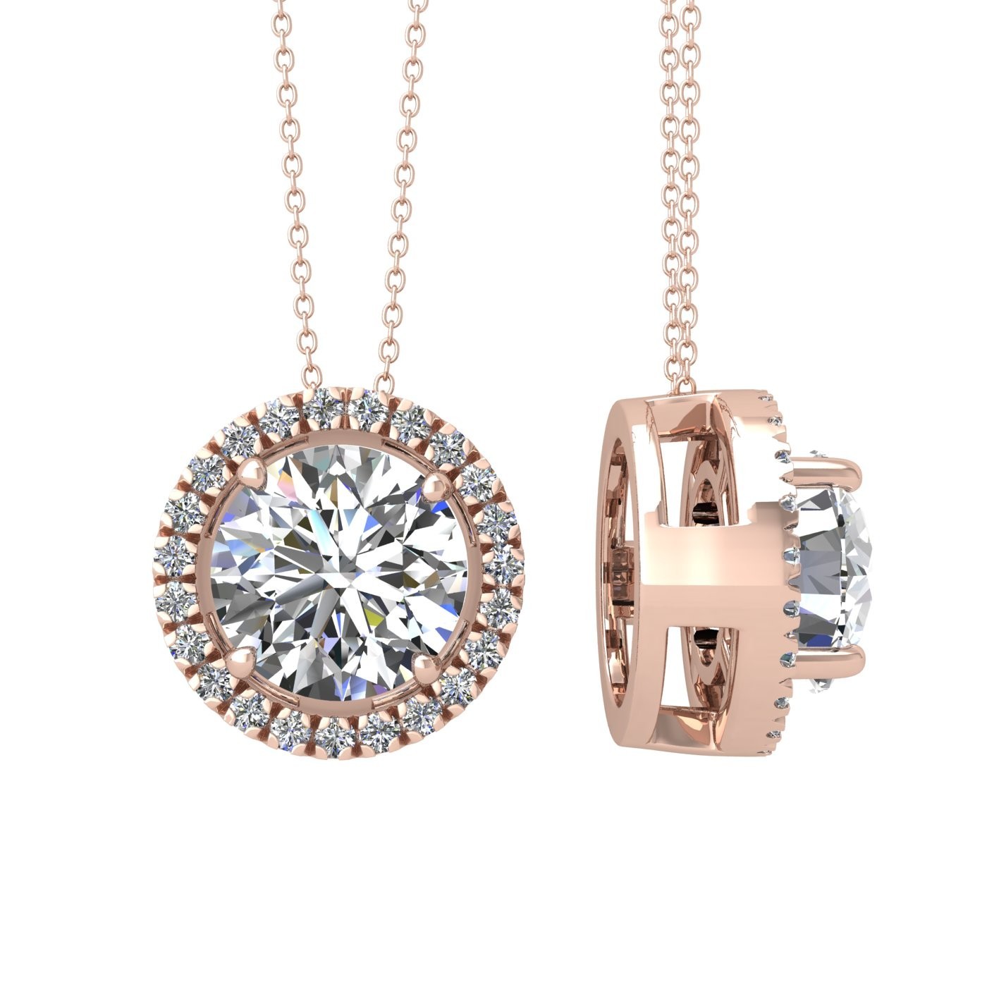 18k rose gold 1 ct 4 prong round shape diamond pendant with diamond pavÉ set halo including chain seperate from the pendant
