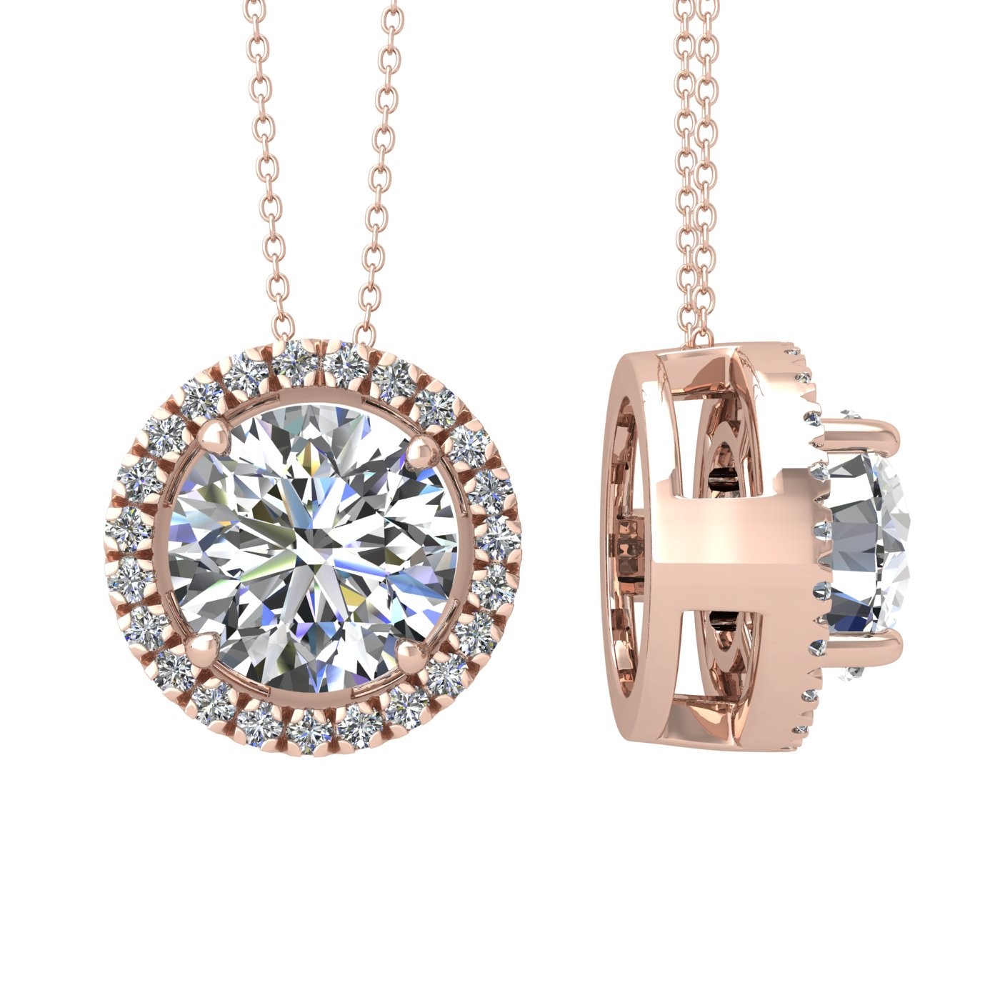18k rose gold 1,5 ct 4 prong round shape diamond pendant with diamond pavÉ set halo including chain seperate from the pendant Photos & images