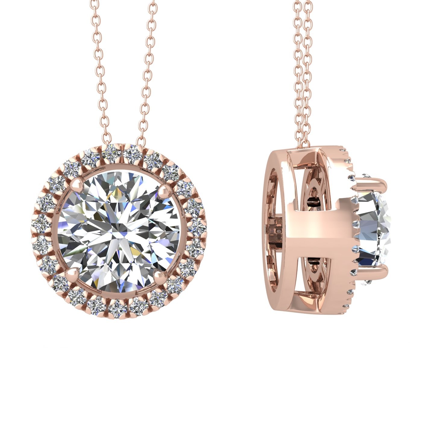 18k rose gold 0,3 ct 4 prong round shape diamond pendant with diamond pavÉ set halo including chain seperate from the pendant Photos & images