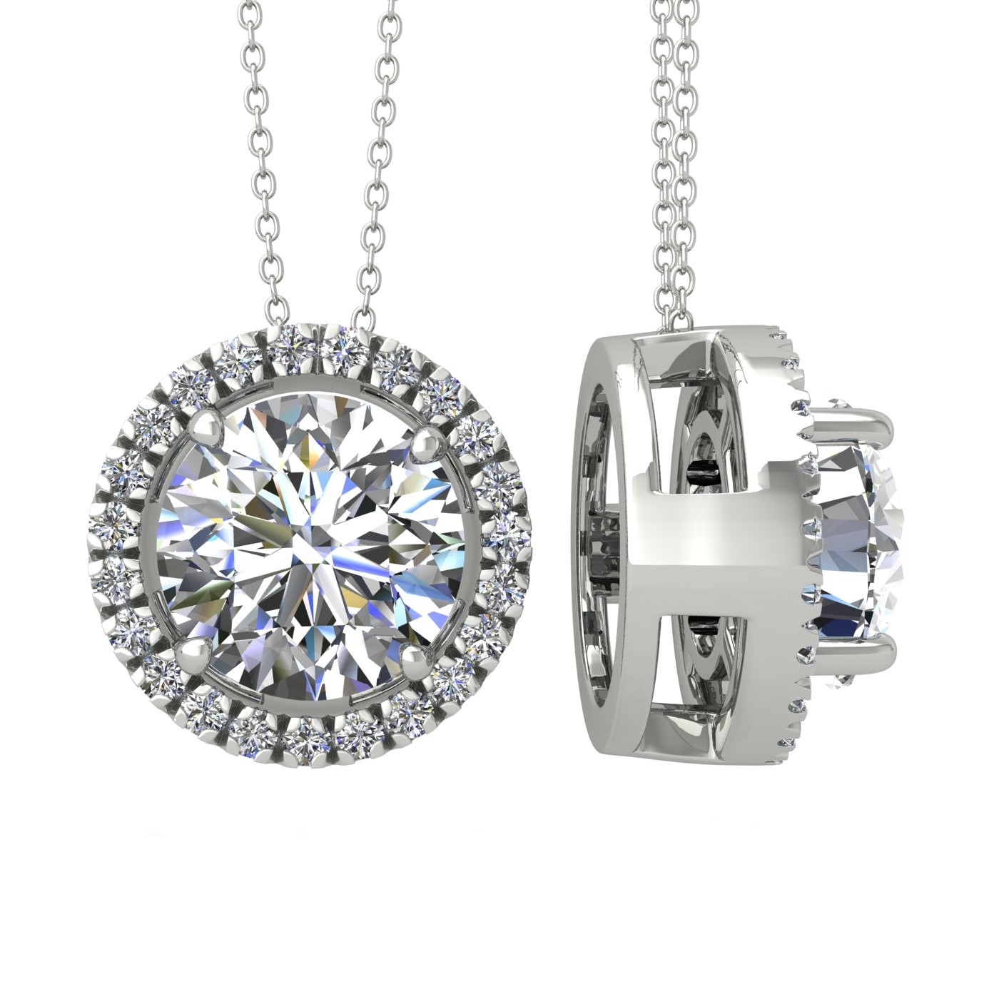 18k white gold  0,3 ct 4 prong round shape diamond pendant with diamond pavÉ set halo including chain seperate from the pendant Photos & images