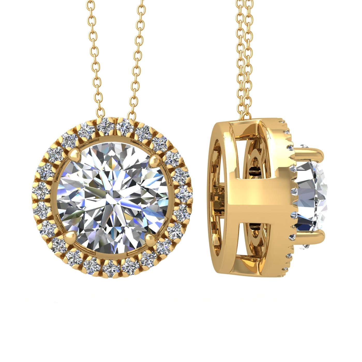 18k yellow gold 2,5 ct 4 prong round shape diamond pendant with diamond pavÉ set halo including chain seperate from the pendant Photos & images