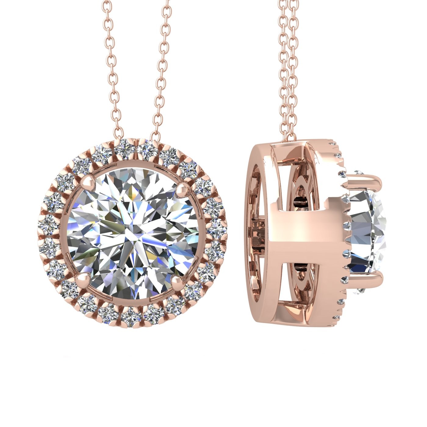 18k rose gold 2 ct 4 prong round shape diamond pendant with diamond pavÉ set halo including chain seperate from the pendant