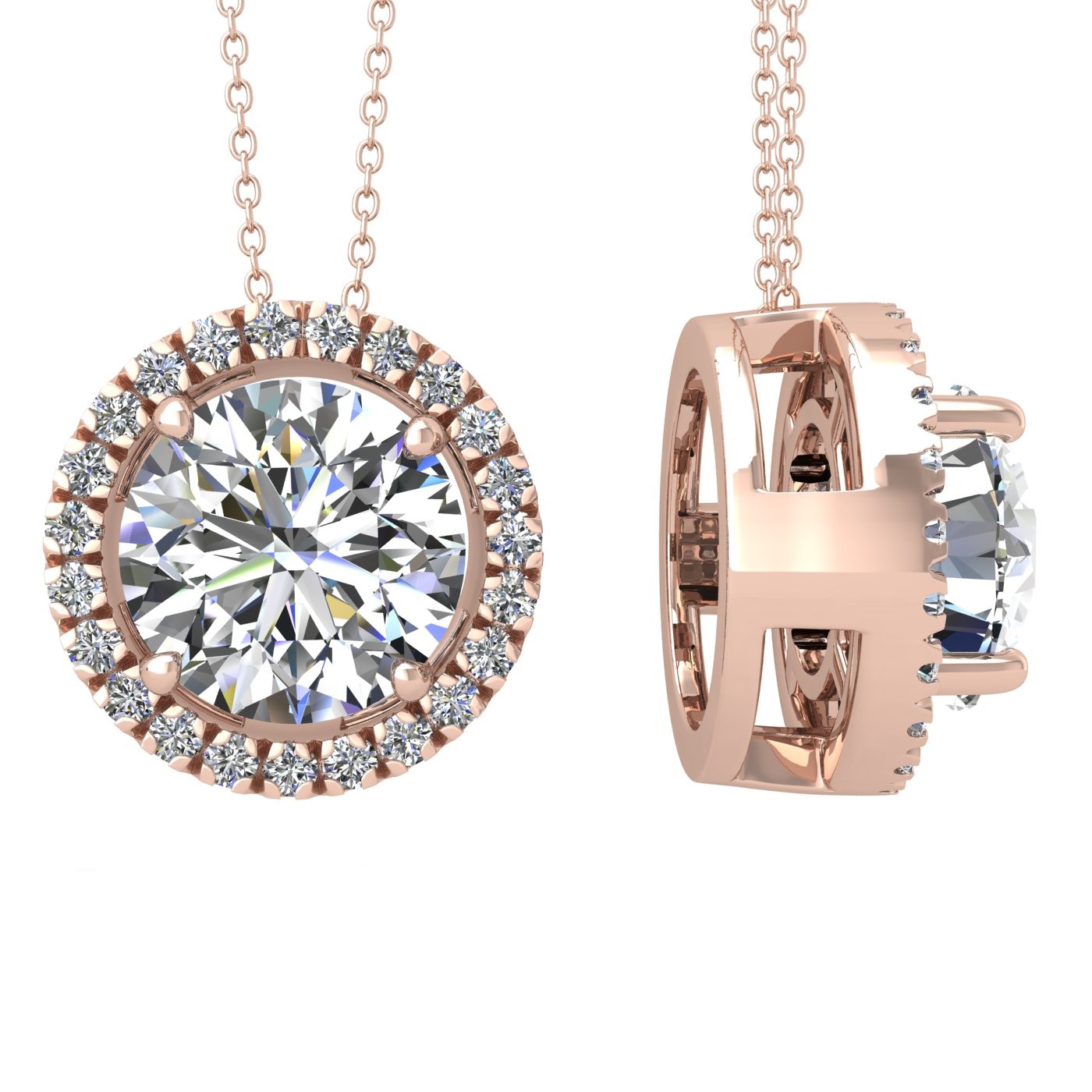 18k rose gold  2.5 ct 4 prong round shape diamond pendant with diamond pavÉ set halo including chain seperate from the pendant