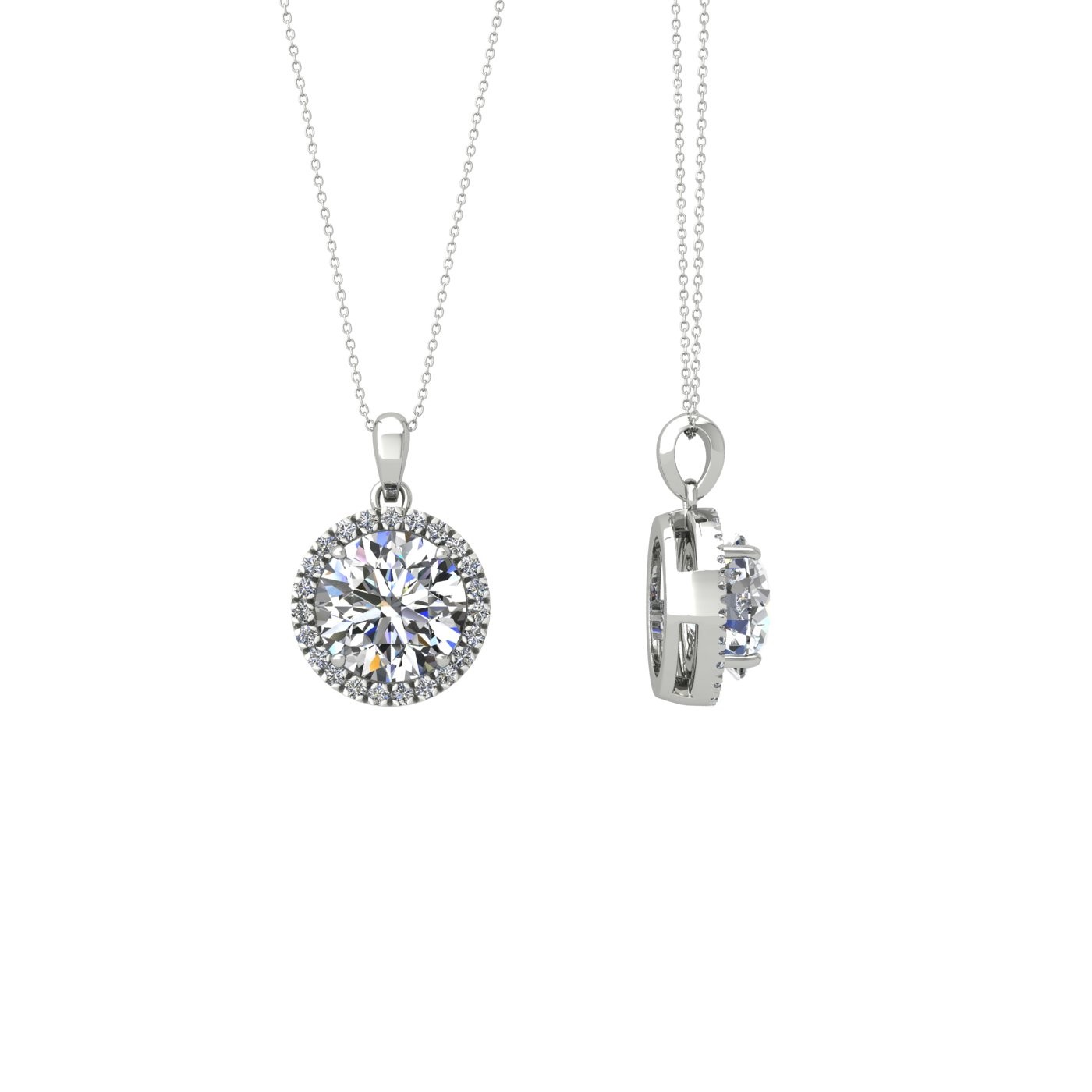 18K WHITE GOLD  0,3 CT 4 PRONG ROUND SHAPE DIAMOND PENDANT WITH DIAMOND PAVÉ SET HALO INCLUDING CHAIN SEPERATE FROM THE PENDANT