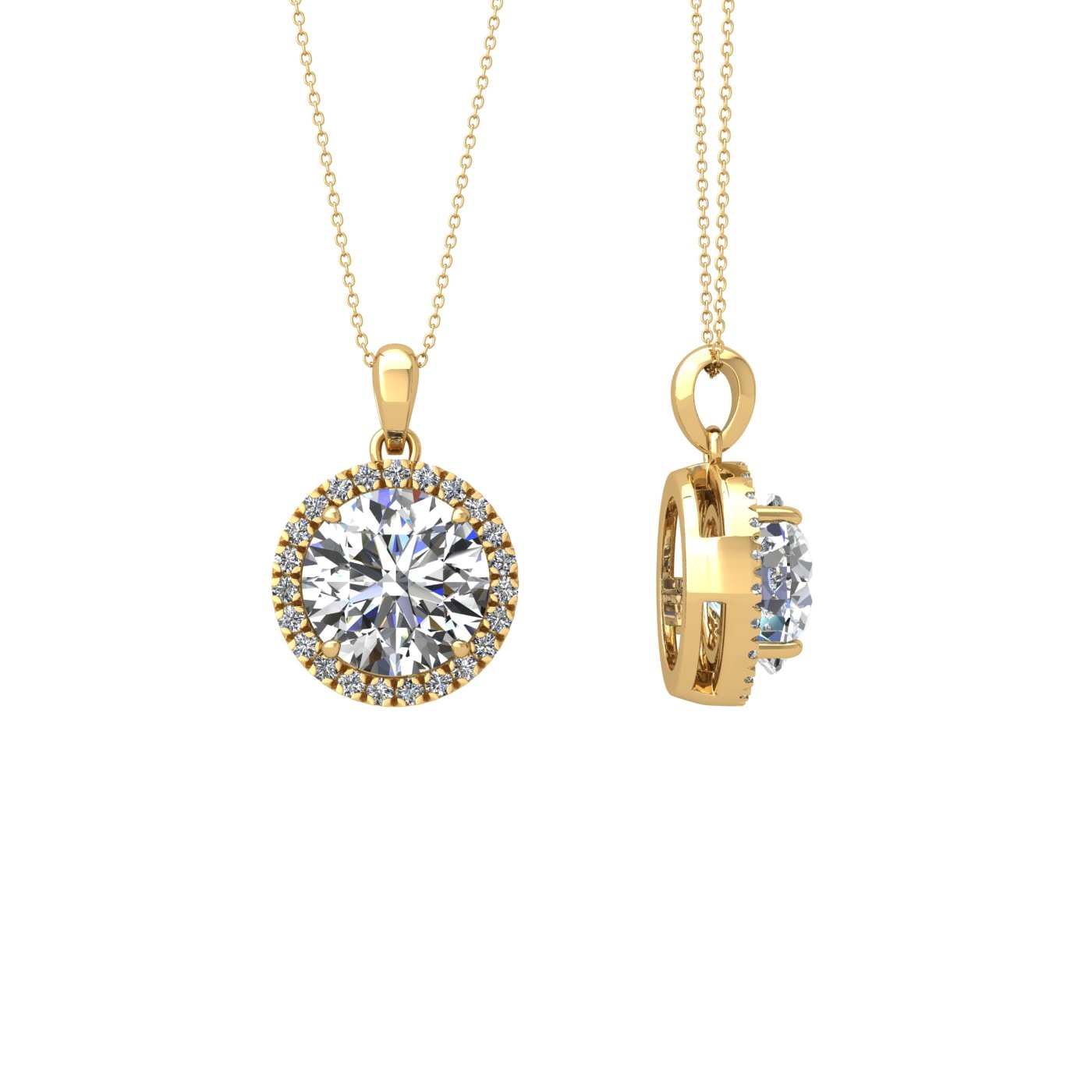 18k yellow gold  2,5 ct 4 prong round shape diamond pendant with diamond pavÉ set halo including chain seperate from the pendant Photos & images