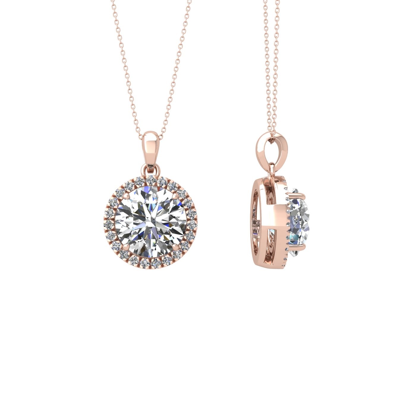 18k rose gold  0,5 ct 4 prong round shape diamond pendant with diamond pavÉ set halo including chain seperate from the pendant