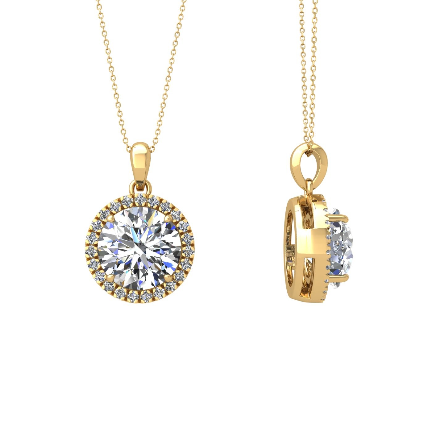 18k yellow gold  0,7 ct 4 prong round shape diamond pendant with diamond pavÉ set halo including chain seperate from the pendant