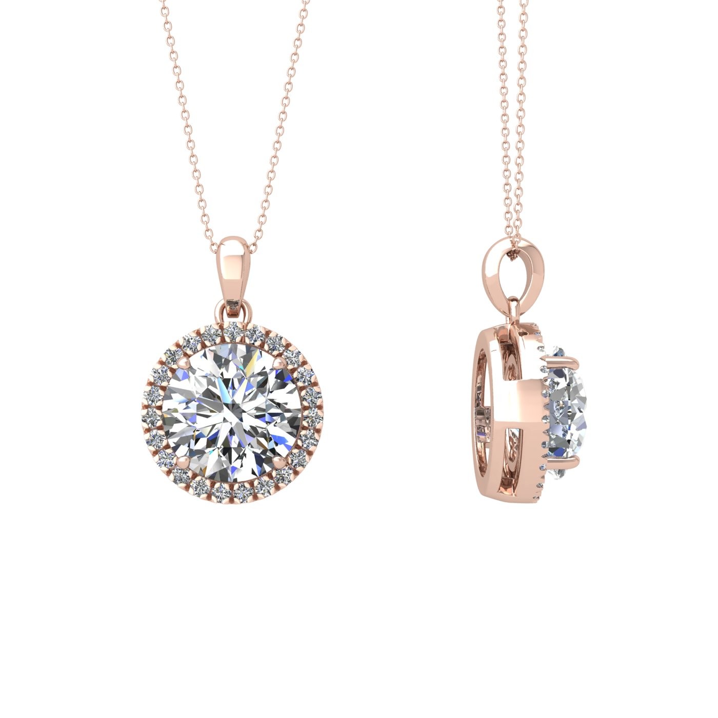 18k rose gold 1,2 ct 4 prong round shape diamond pendant with diamond pavÉ set halo including chain seperate from the pendant Photos & images
