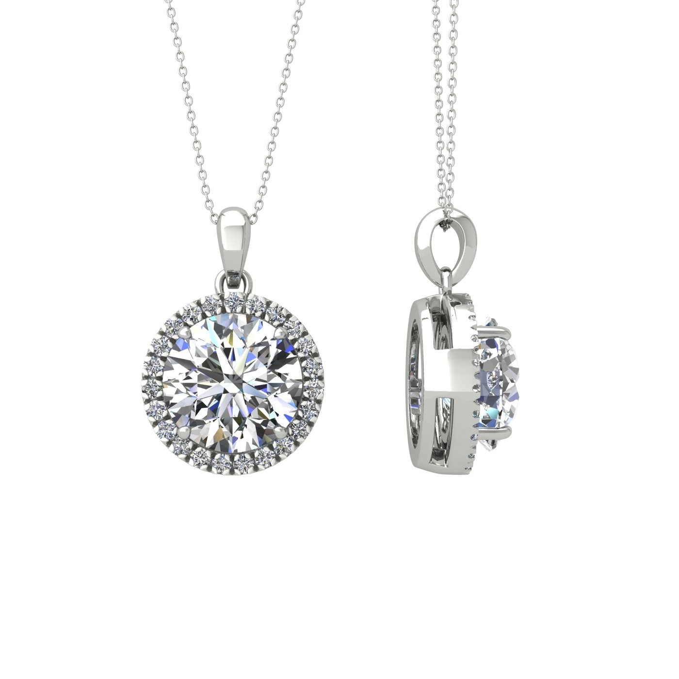 18k white gold 1 ct 4 prong round shape diamond pendant with diamond pavÉ set halo including chain seperate from the pendant