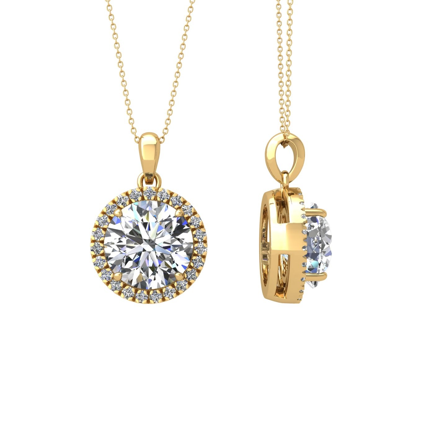 18k yellow gold  1,5 ct 4 prong round shape diamond pendant with diamond pavÉ set halo including chain seperate from the pendant Photos & images