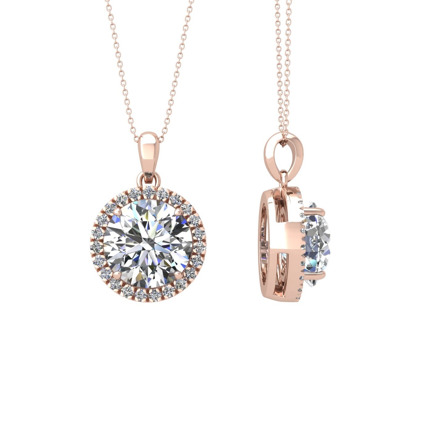 18k rose gold  1 ct 4 prong round shape diamond pendant with diamond pavÉ set halo including chain seperate from the pendant