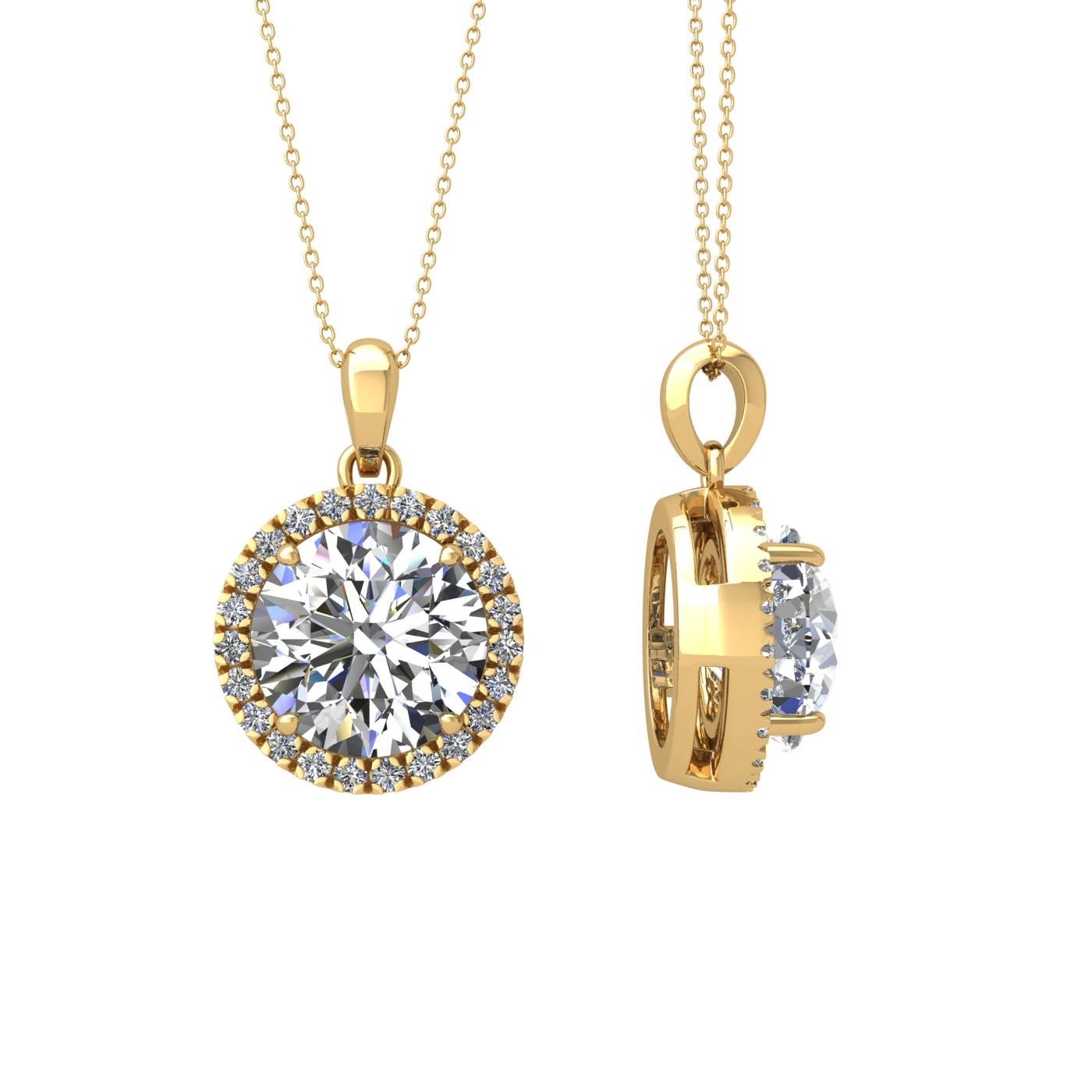 18k yellow gold  1,2 ct 4 prong round shape diamond pendant with diamond pavÉ set halo including chain seperate from the pendant