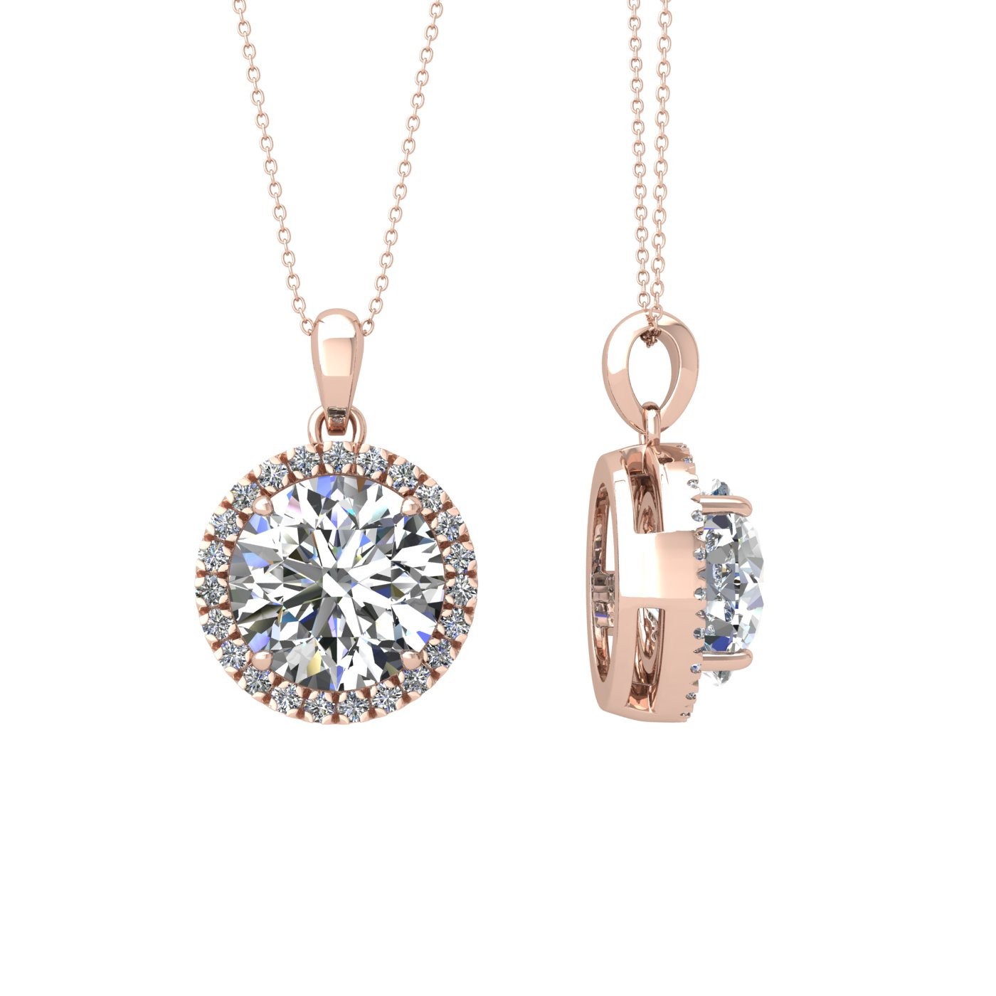 18k rose gold 1,2 ct 4 prong round shape diamond pendant with diamond pavÉ set halo including chain seperate from the pendant
