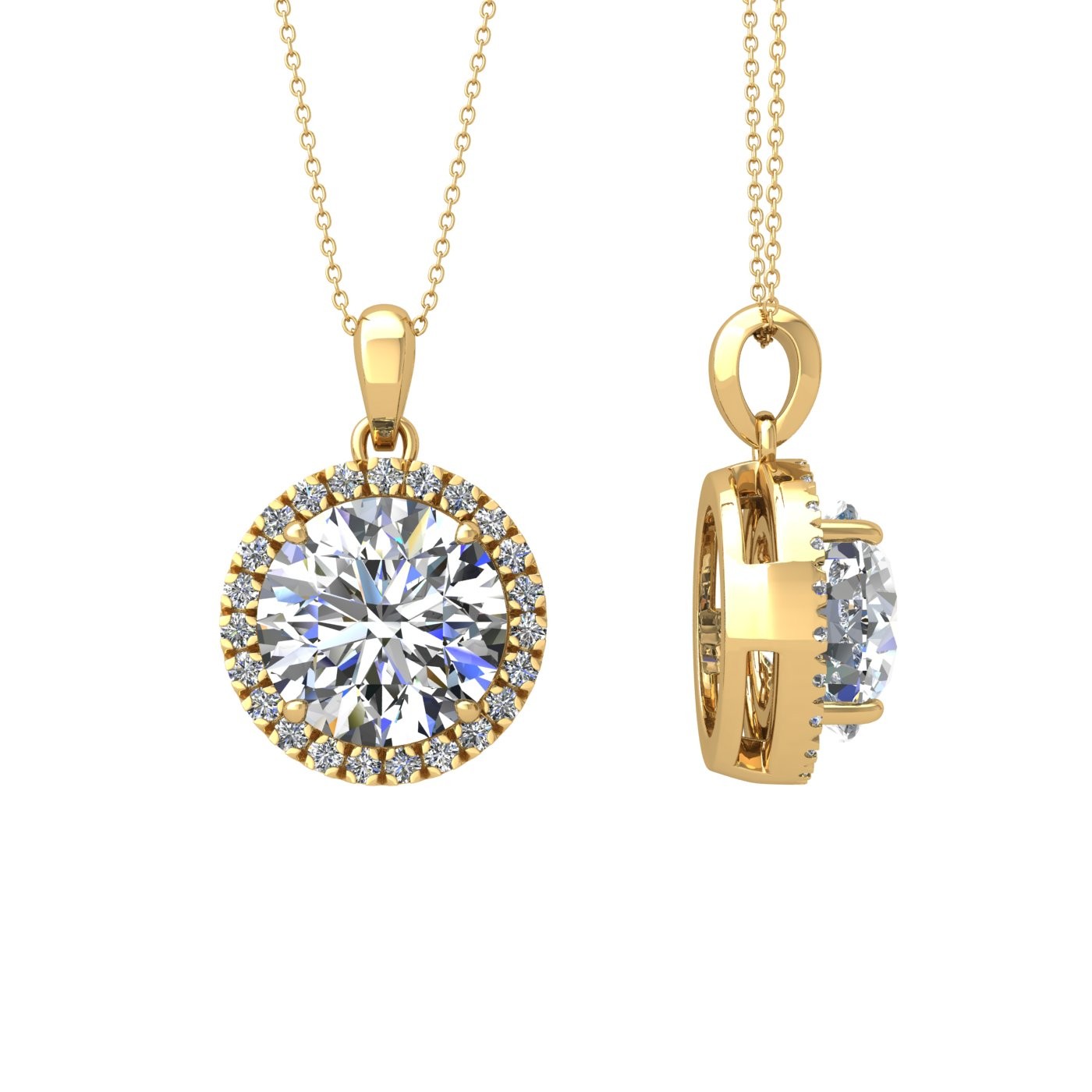 18k yellow gold  1,5 ct 4 prong round shape diamond pendant with diamond pavÉ set halo including chain seperate from the pendant