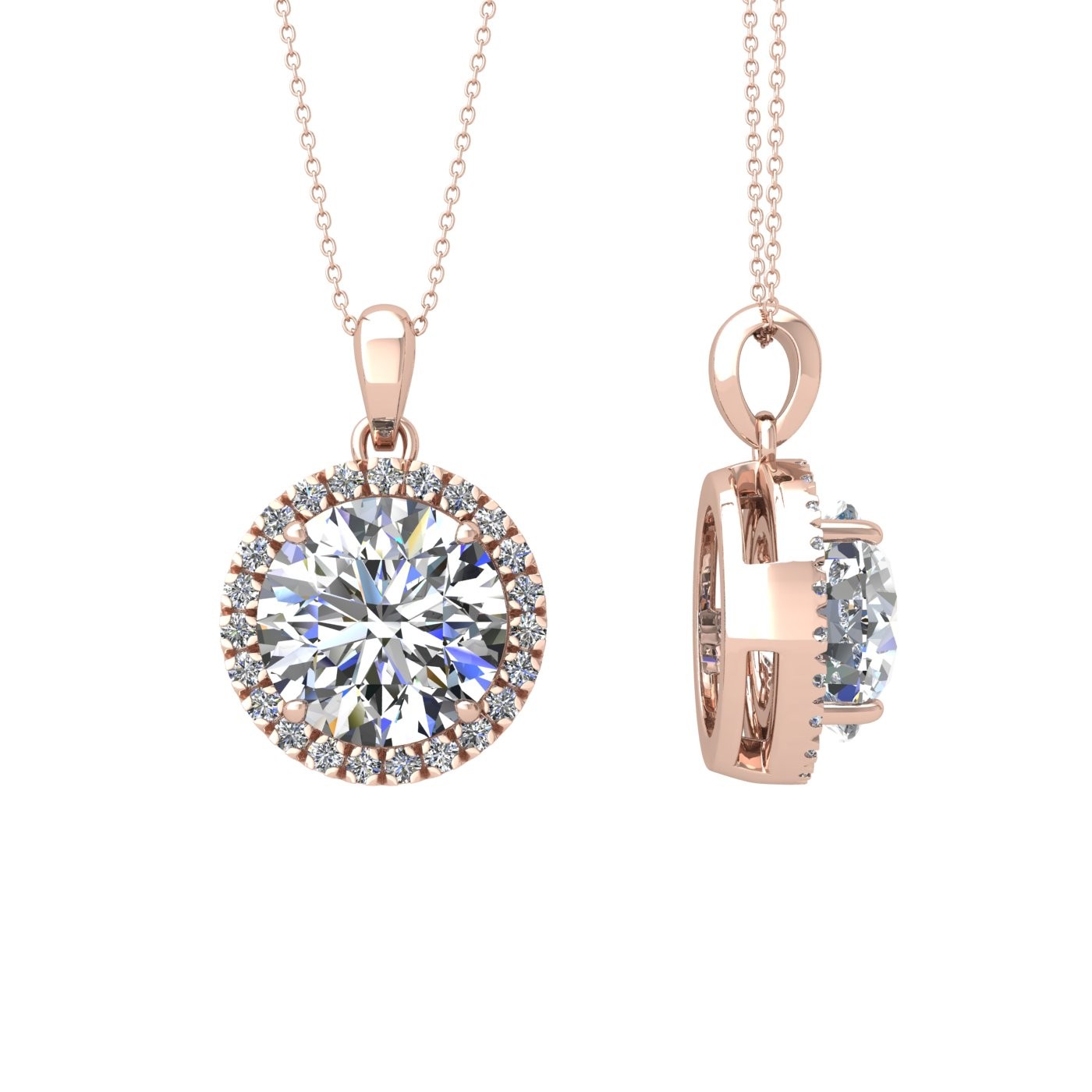 18k rose gold  1,5 ct 4 prong round shape diamond pendant with diamond pavÉ set halo including chain seperate from the pendant