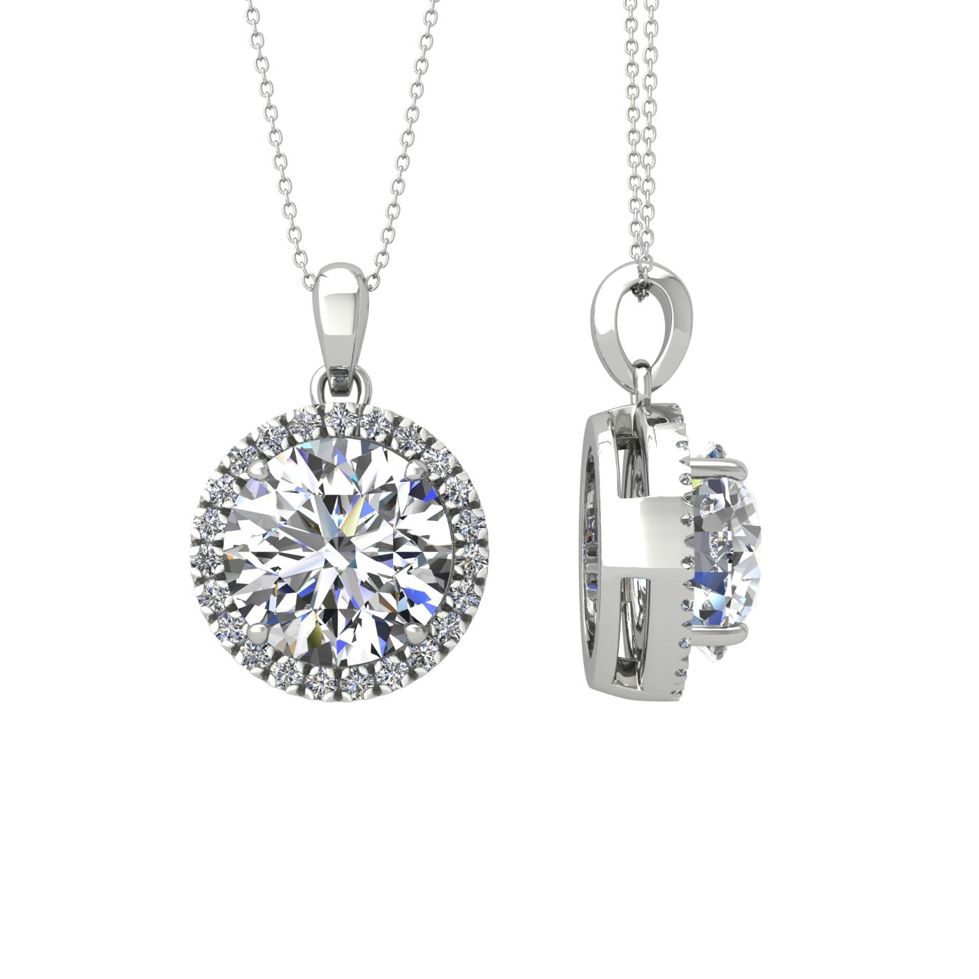 18k white gold  0,3 ct 4 prong round shape diamond pendant with diamond pavÉ set halo including chain seperate from the pendant Photos & images