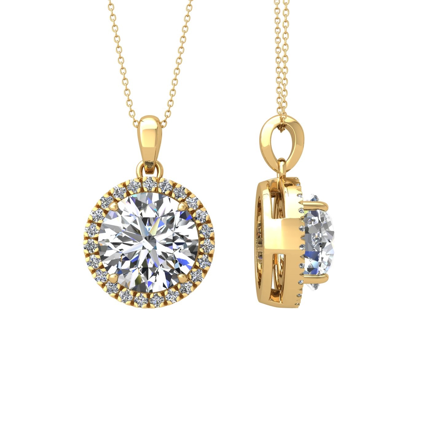 18k geel goud  2 ct 4 griffen round shape diamanten hanger met diamanten pavÉ set halo inclusief ketting los van de hanger