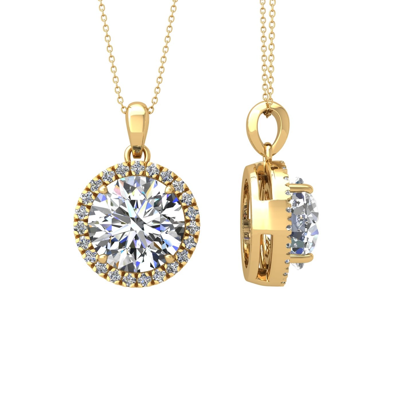 18k yellow gold  2,5 ct 4 prong round shape diamond pendant with diamond pavÉ set halo including chain seperate from the pendant