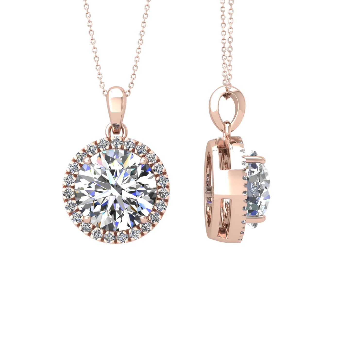 18k rose gold  2 ct 4 prong round shape diamond pendant with diamond pavÉ set halo including chain seperate from the pendant Photos & images