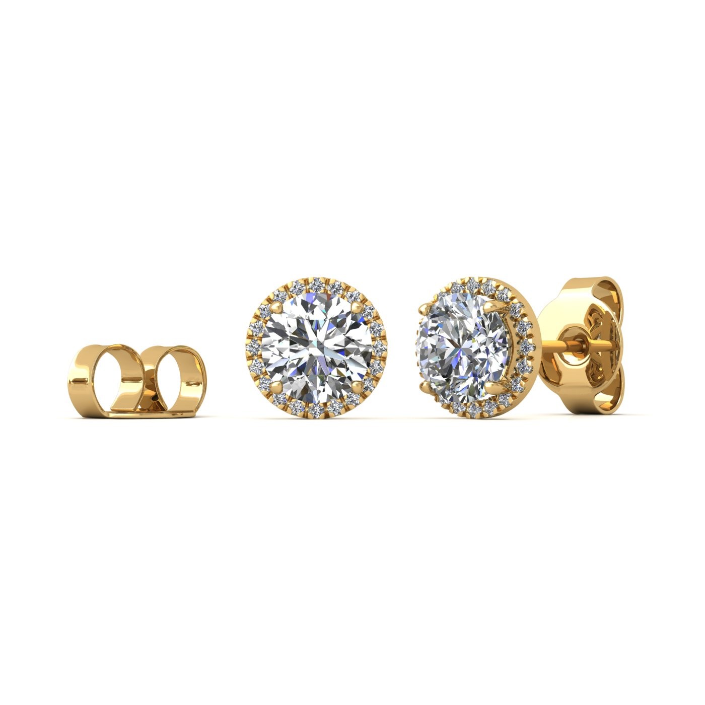 18k white gold  0,3 ct each (0,6 tcw) 4 prongs round shape diamond earrings with diamond pavÉ set halo Photos & images