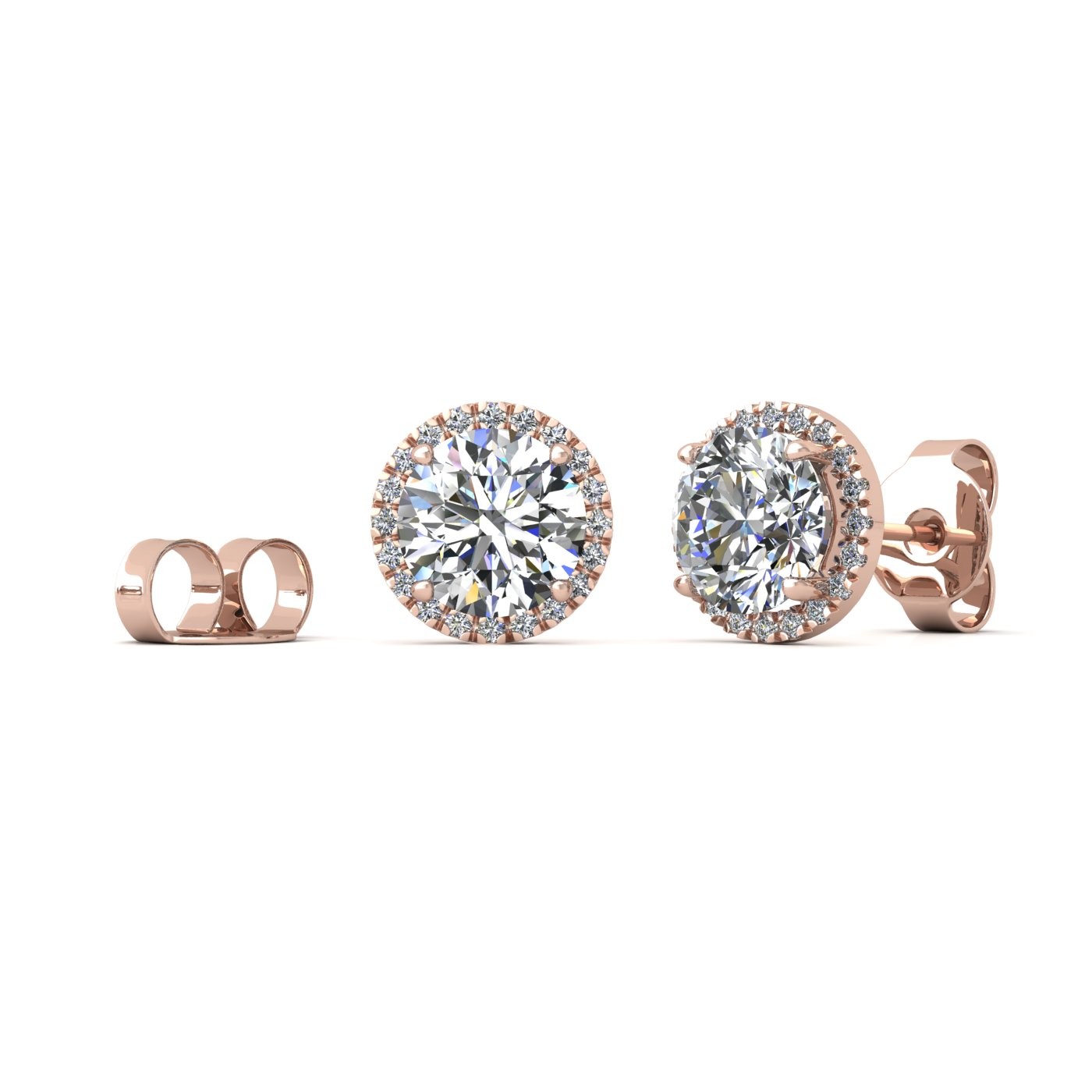 18k rose gold 2,5 ct each (5,0 tcw) 4 prongs round shape diamond earrings with diamond pavÉ set halo Photos & images