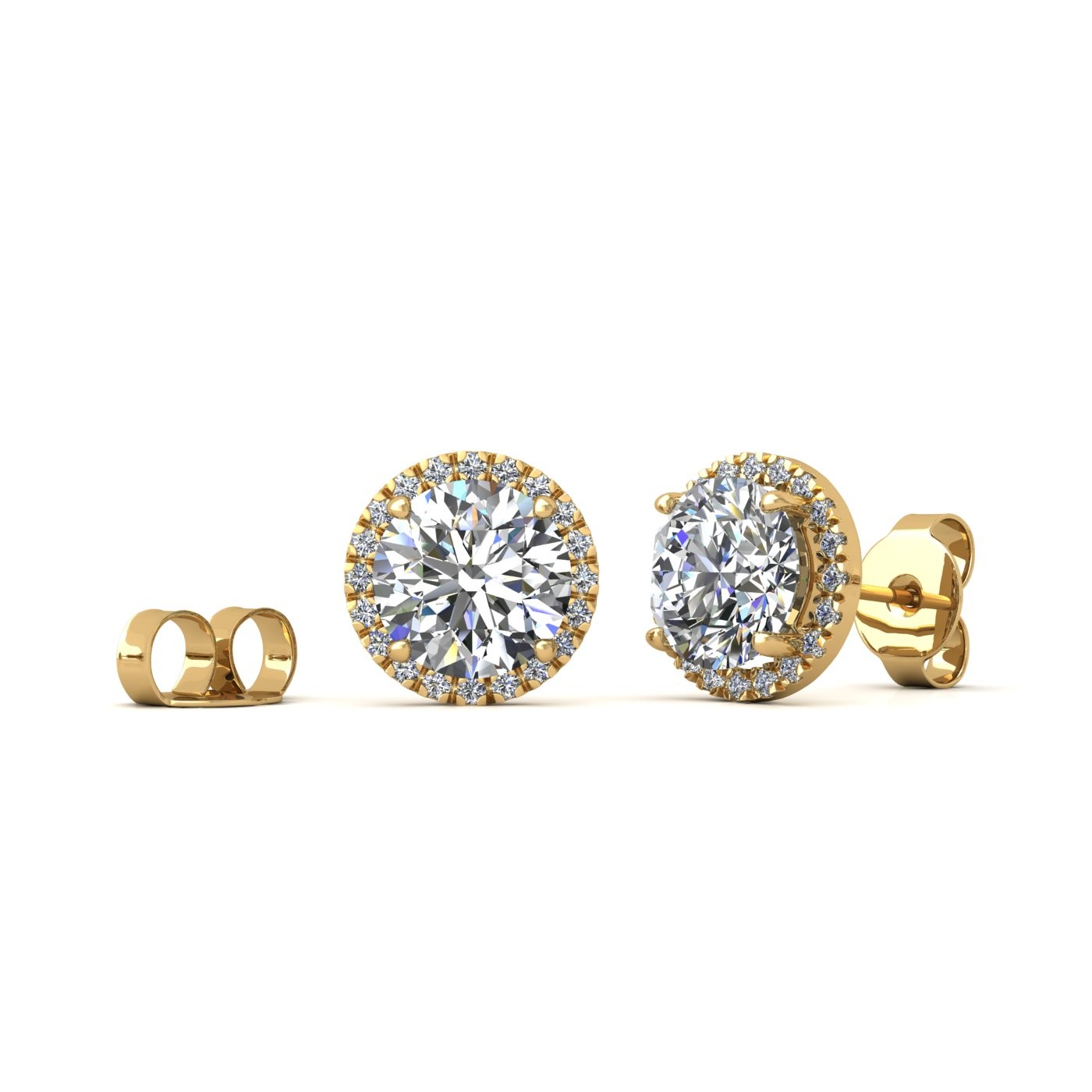 18k yellow gold  0,7 ct each (1,4 tcw) 4 prongs round shape diamond earrings with diamond pavÉ set halo