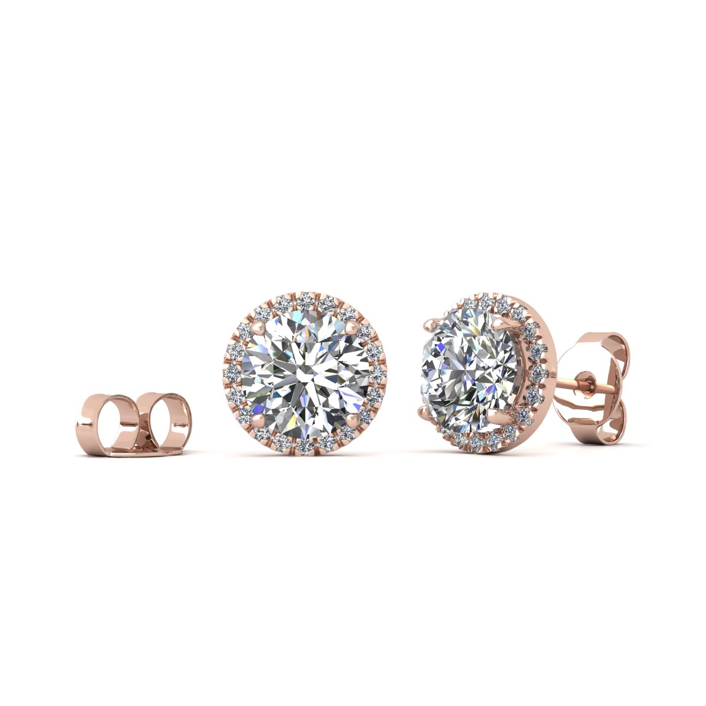 18k rose gold  0,7 ct each (1,4 tcw) 4 prongs round shape diamond earrings with diamond pavÉ set halo