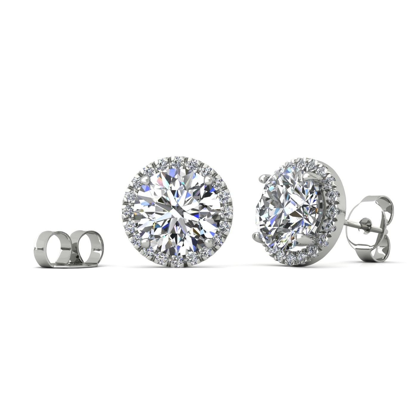 18k white gold 1 ct each (2,0 tcw) 4 prongs round shape diamond earrings with diamond pavÉ set halo