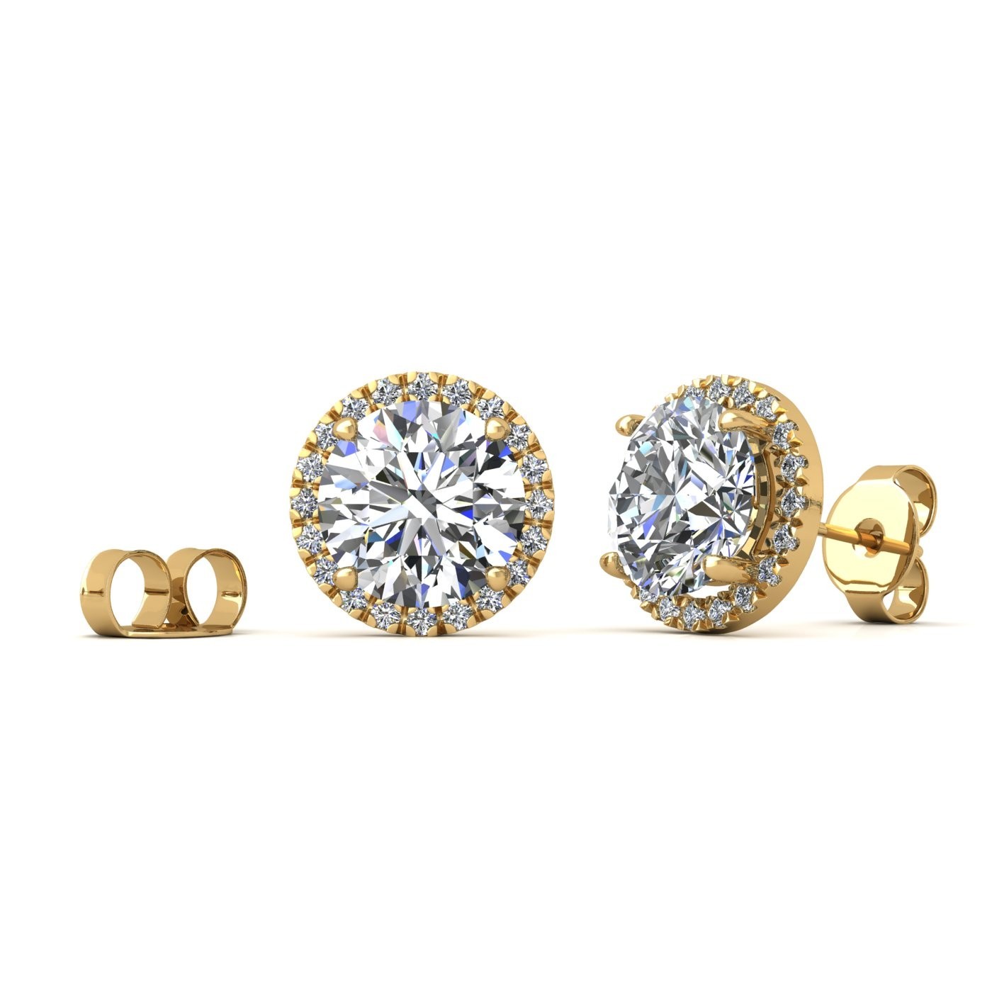18k yellow gold  1 ct each (2,0 tcw) 4 prongs round shape diamond earrings with diamond pavÉ set halo